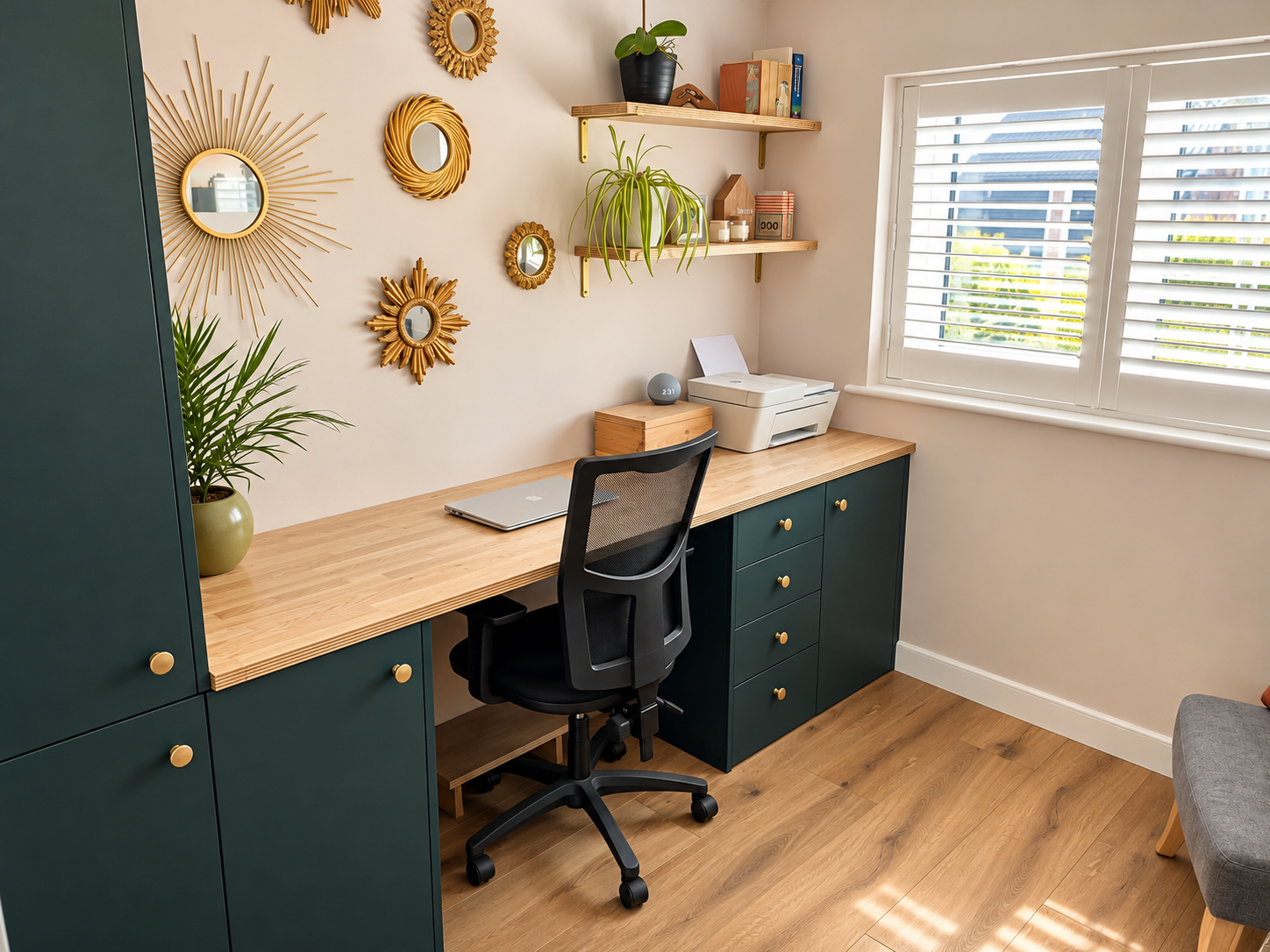 oak worktop and shelving in blue and blush home office