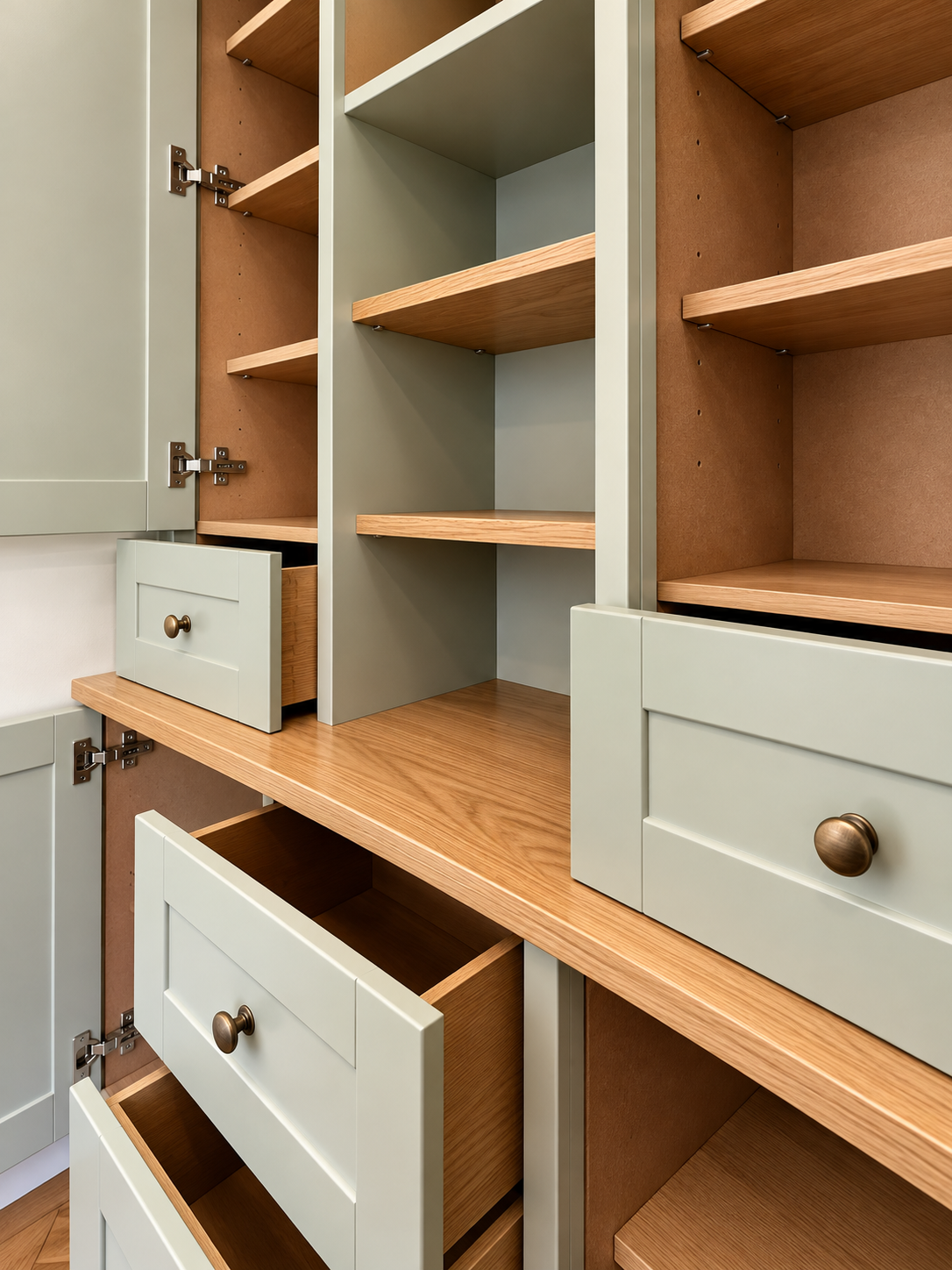 light olive green free-standing cabinetry with oak shelf, cupboards and drawers