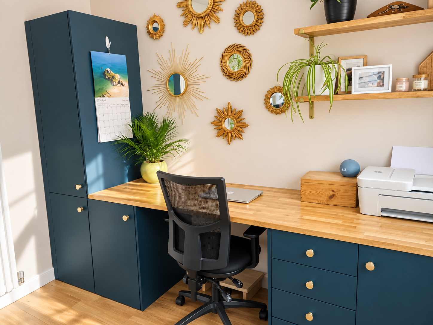 navy blue and blush pink study with solid oak worktop