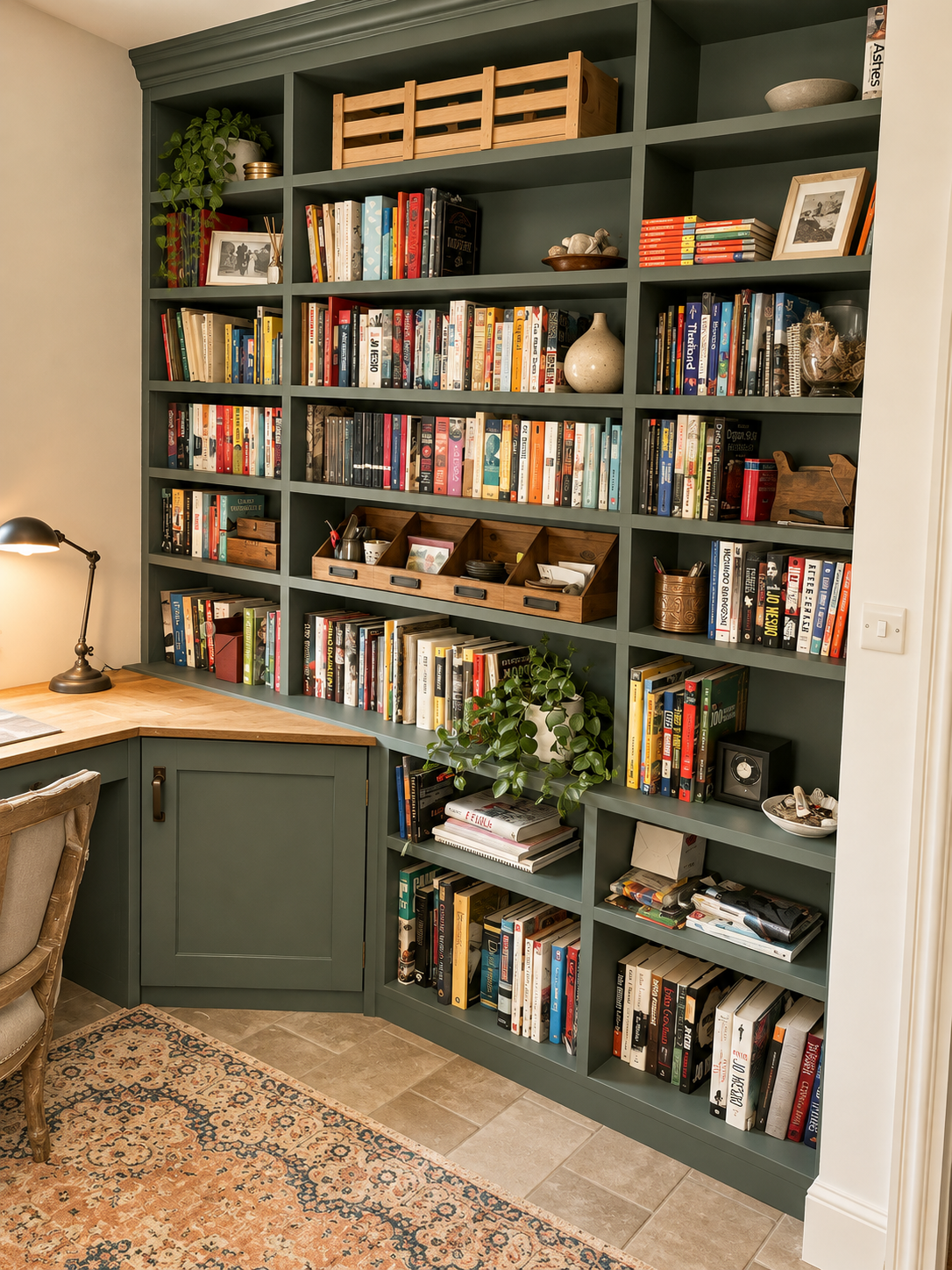 full wall shelving unit in home office dark green