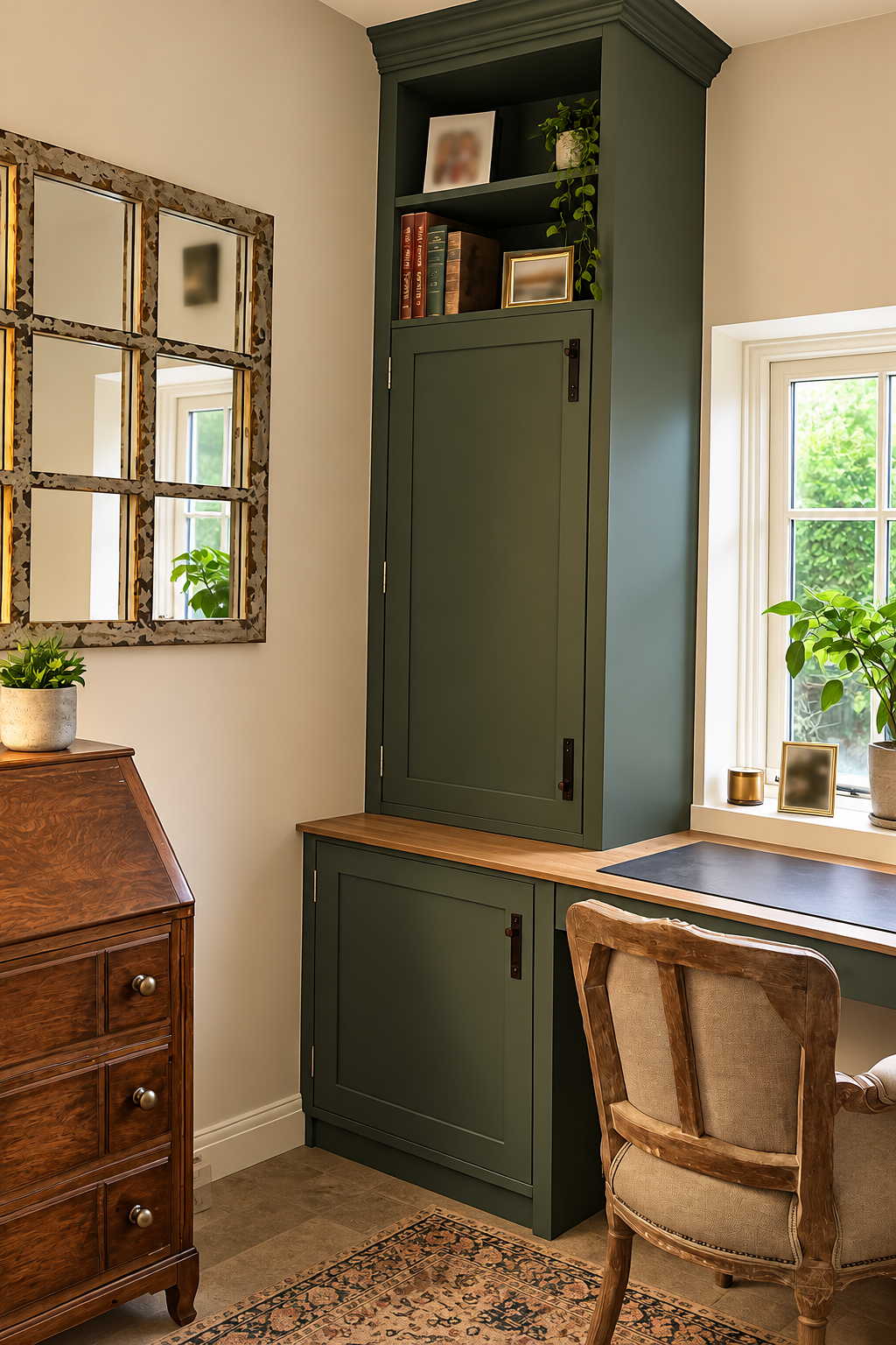 dark green custom-made tall cupboard and shelving in shaker style study