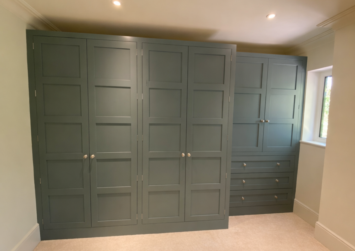 Hand-painted shaker style teal wardrobe using birch plywood tulip wood and solid oak