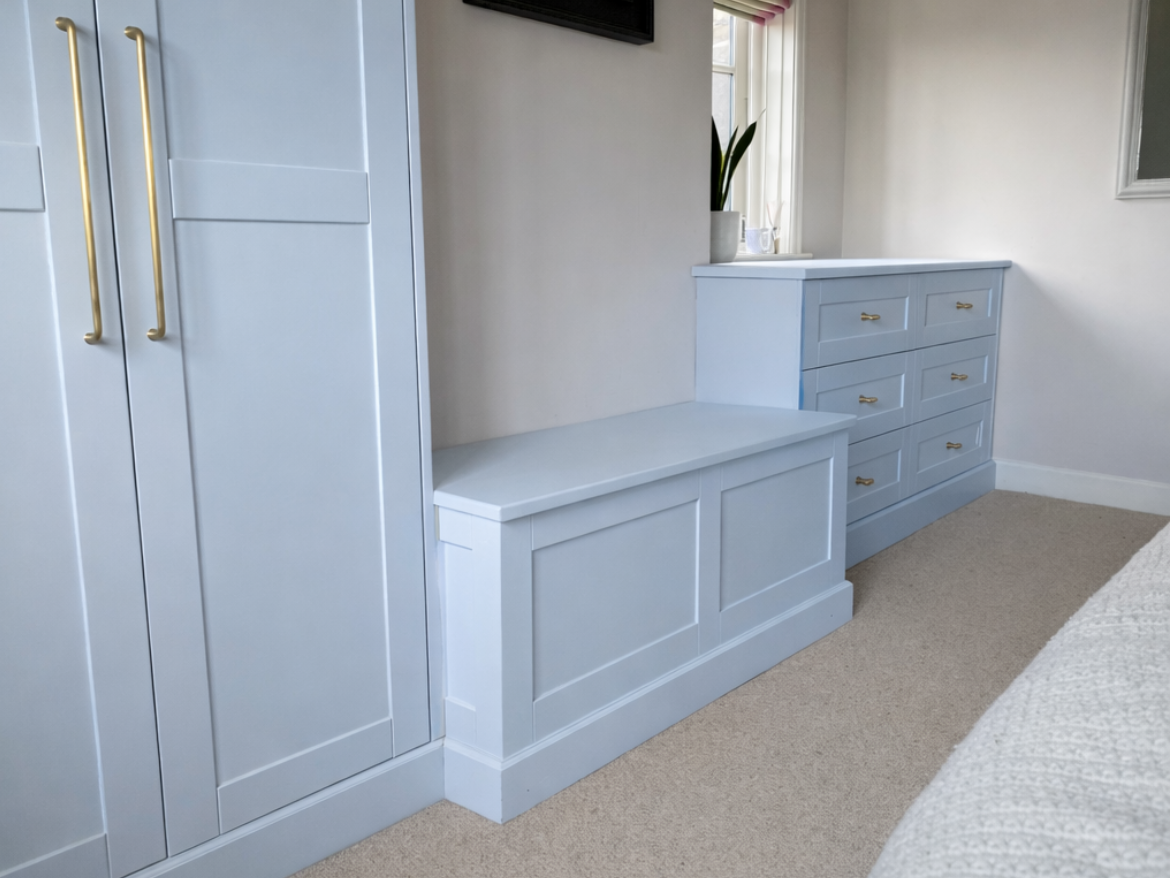 hand made shaker bedroom wardrobe and chest and chest of drawers in duck egg blue  