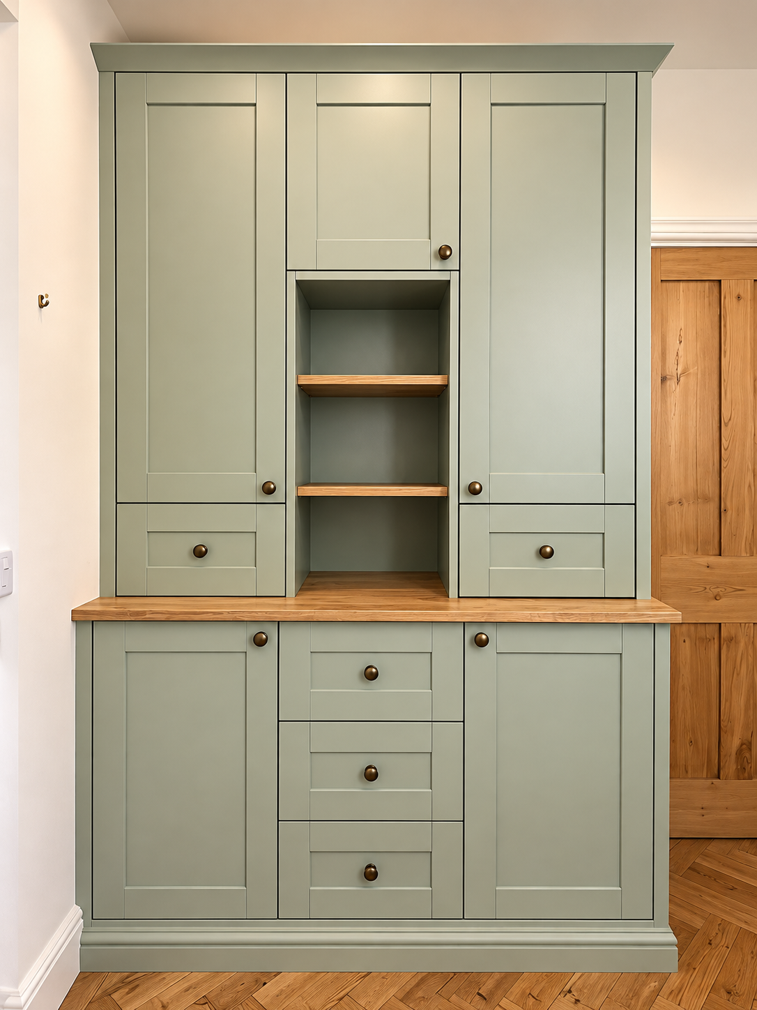 light sage green standalone dresser with oak shelving unit with cupboards and drawers