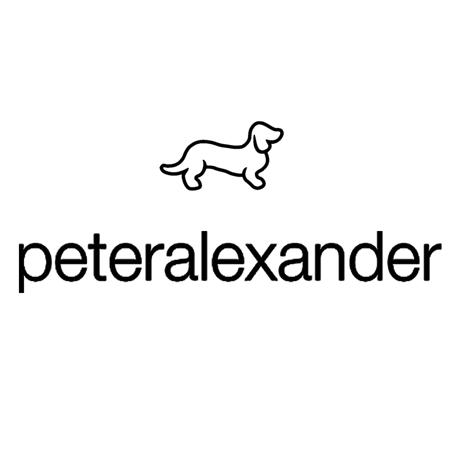 Logo featuring a line drawing of a dachshund dog above the bold text 'peteralexander'.
