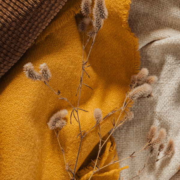 Getrocknete Blüten auf verschiedenen warmen Textilien in Herbstfarben