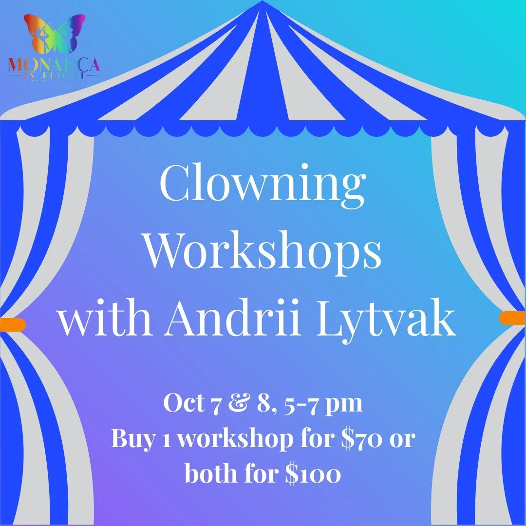 Exciting news: We have another Luzia artist coming for workshops at Monarca! Come learn about clowning from Andrii Lytvak on October 7 and 8. Link in bio to sign up!
