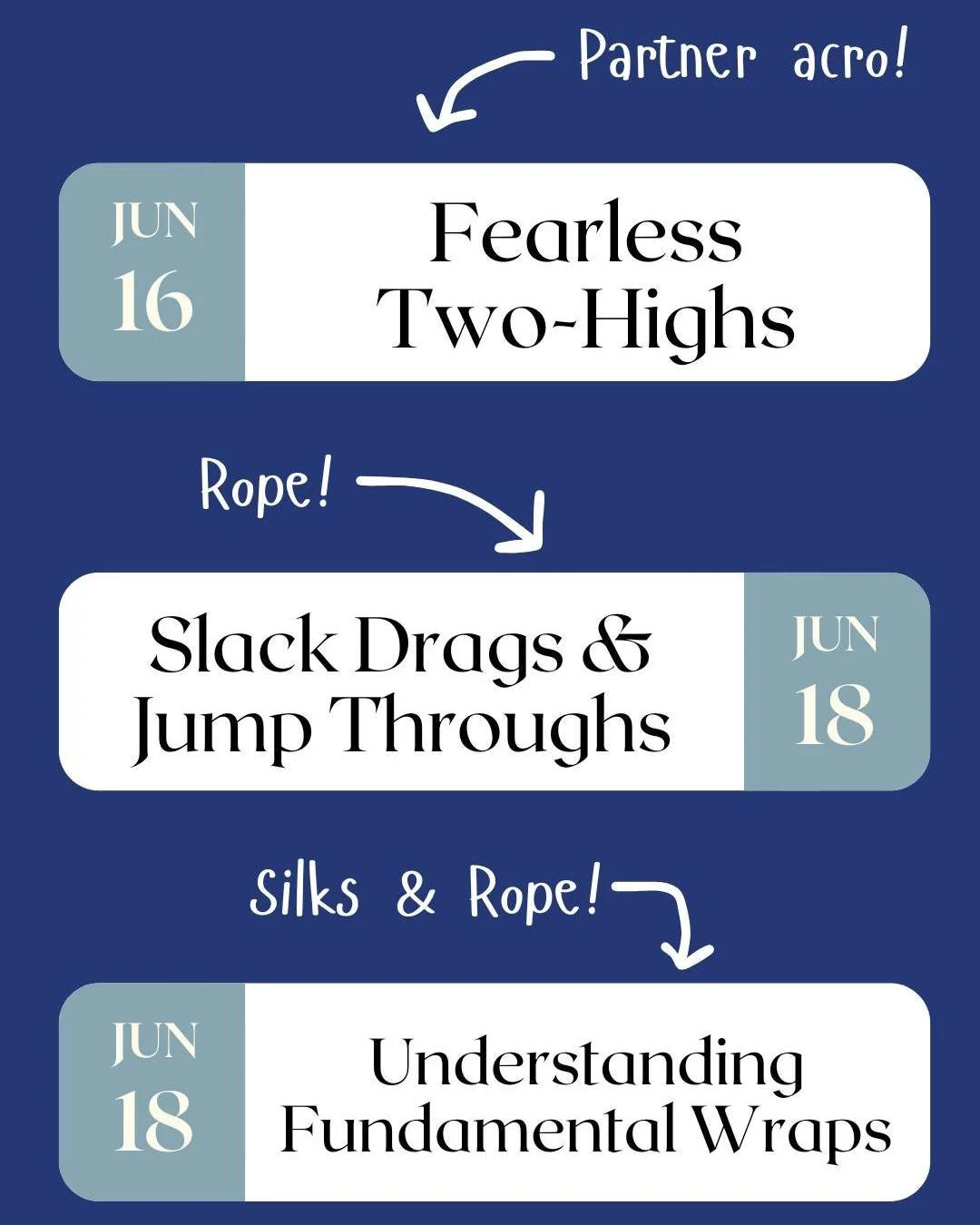 Jana is back teaching workshops at Monarca June 16-18! 

Fearless Two-Highs, June 16 @ 5 pm
Slack Drags and Jump Throughs, June 18 @ 6:30 pm
Silks &amp; Rope: Understanding Fundamental Wraps, June 18 @ 8 pm

Sign up on mindbody!