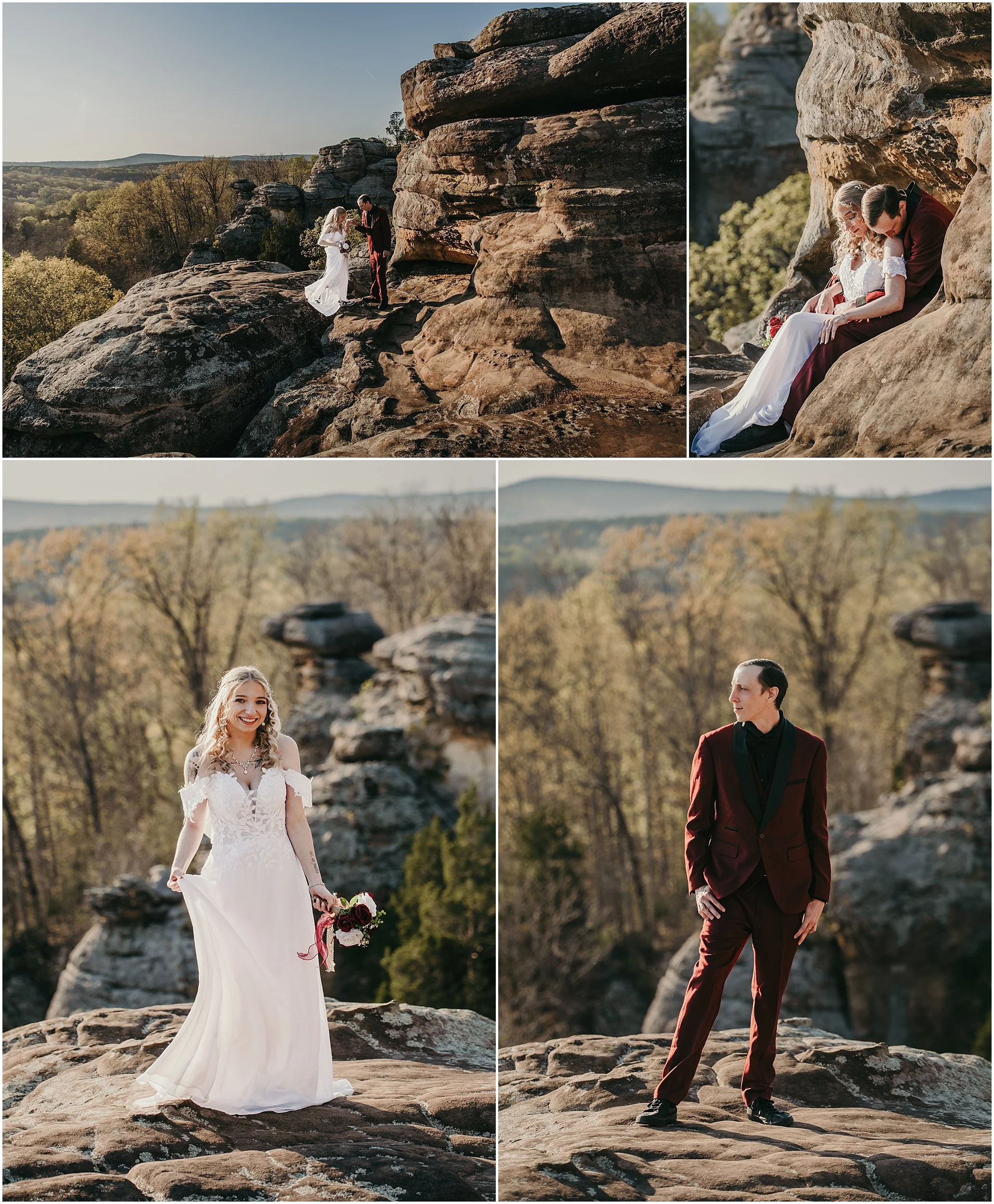 camel rock in background of wedding portraits