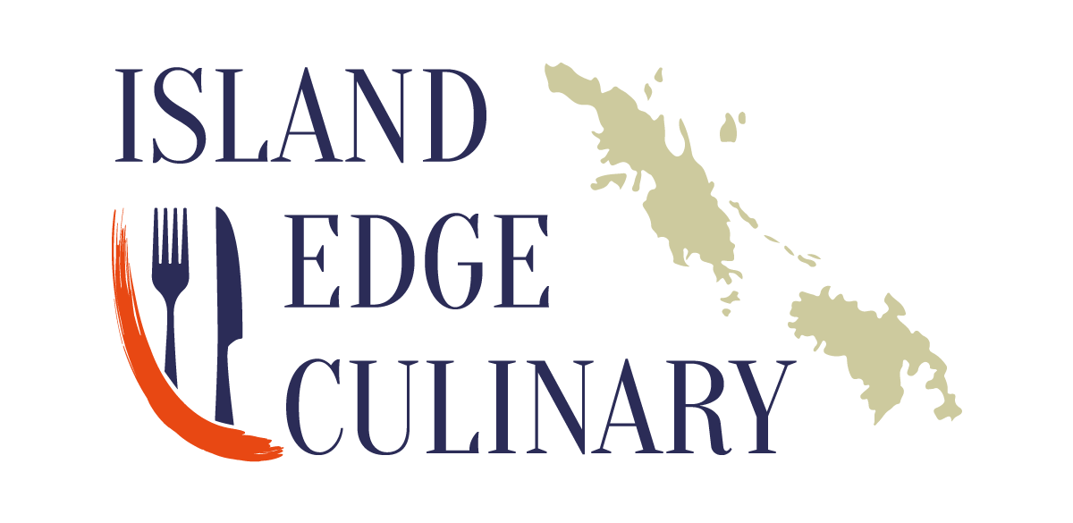 Logo for Island Edge Culinary featuring a map of an island, a fork and knife, with the text 'Island Edge Culinary'.