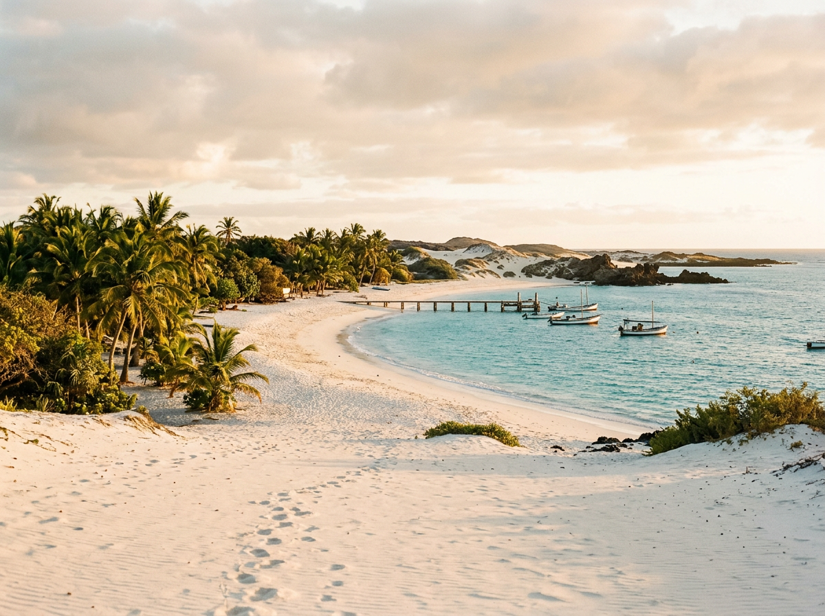 A tropical beach with white sand, palm trees, and boats anchored in clear blue water, under a partly cloudy sky.
