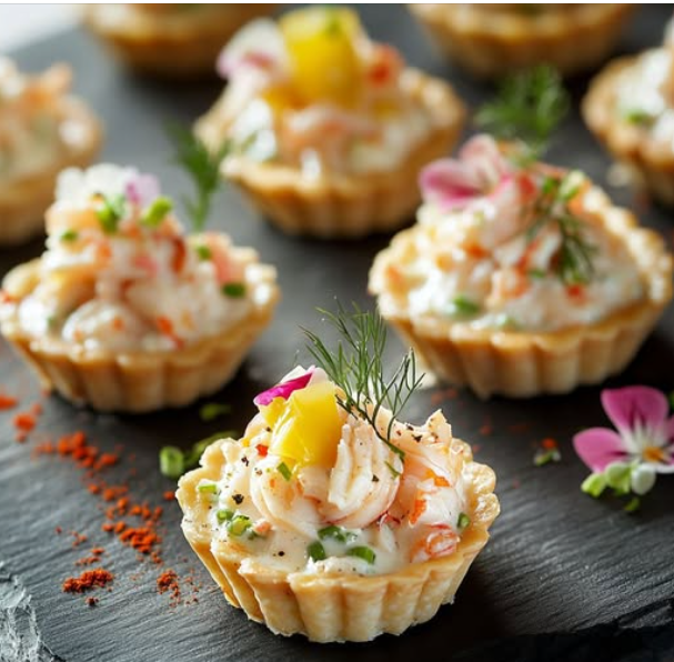 Mini seafood tartlet appetizers with shrimp, garnished with herbs and flowers, on a black slate serving platter.