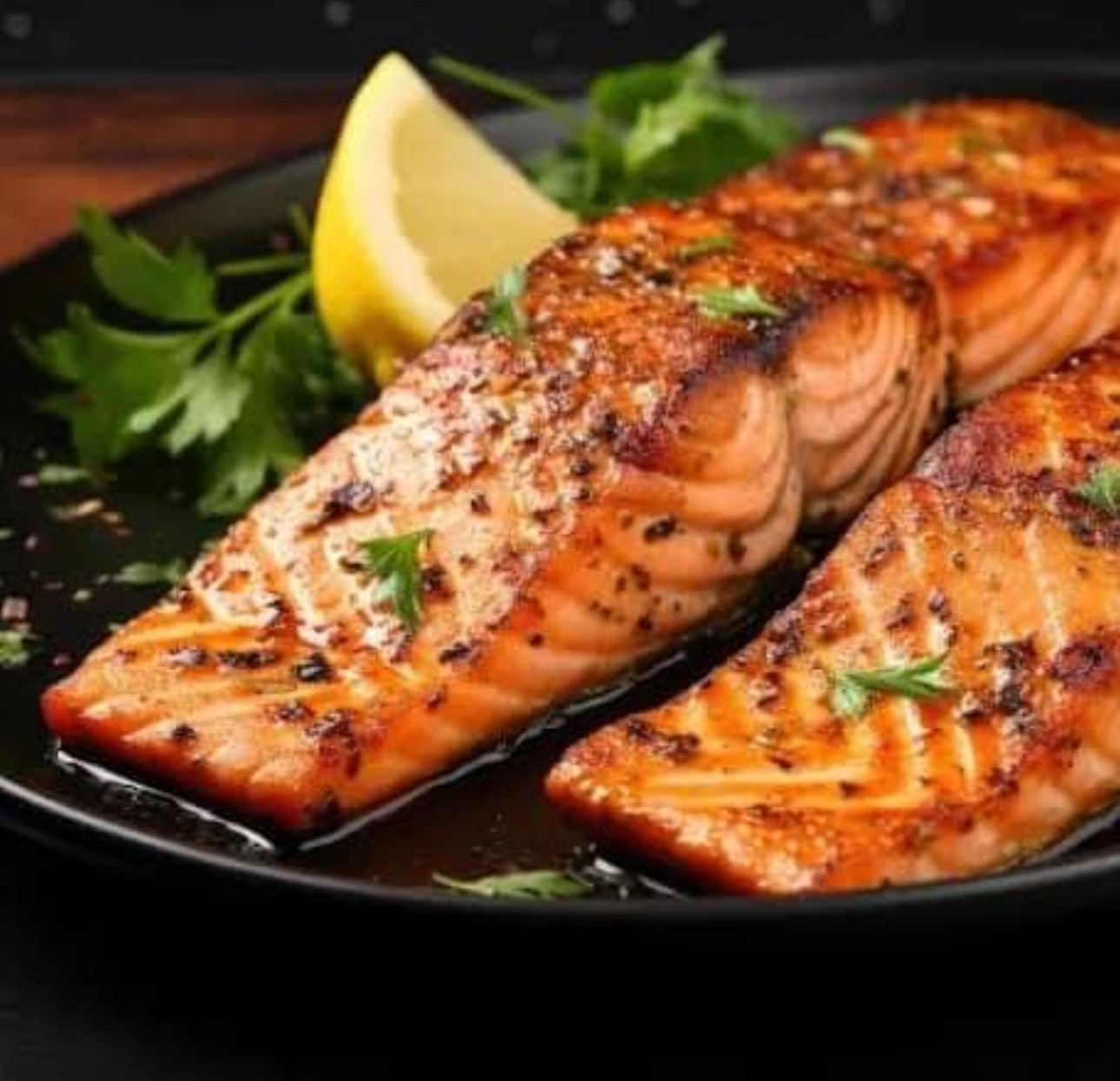 Grilled salmon fillets garnished with herbs, served with lemon wedges and fresh greens.
