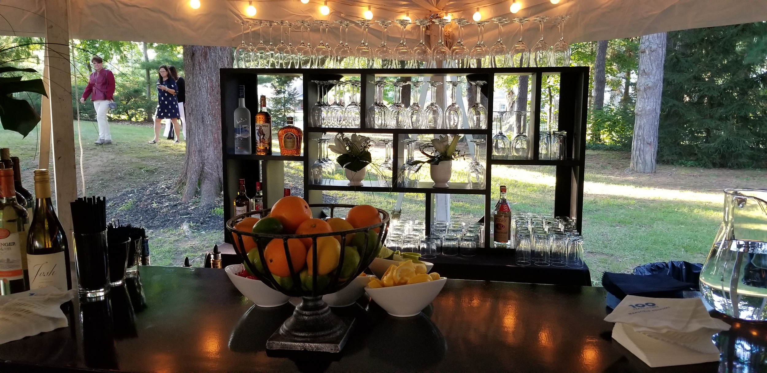 View from inside a bar tent at an outdoor event, showing a shelf with glassware, bottles of alcohol, two white potted plants, a bowl of assorted fruit, lemon wedges, and a glass jar of water, with people walking on grass and trees outside in the background.