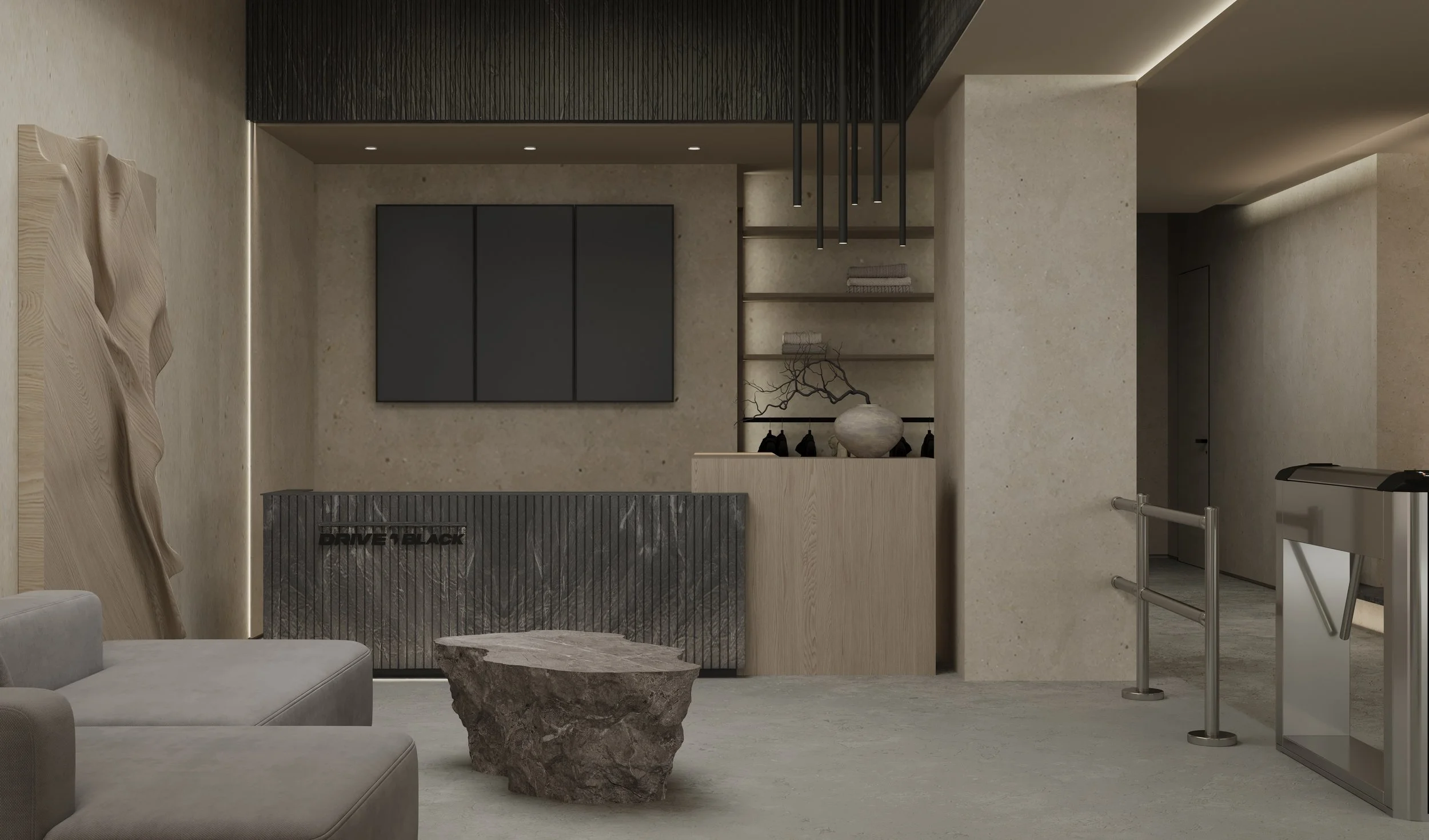 Modern hotel lobby with minimalist beige decor, a stone coffee table, a beige sofa, a black textured reception desk, wall art, and shelves with decorative items.