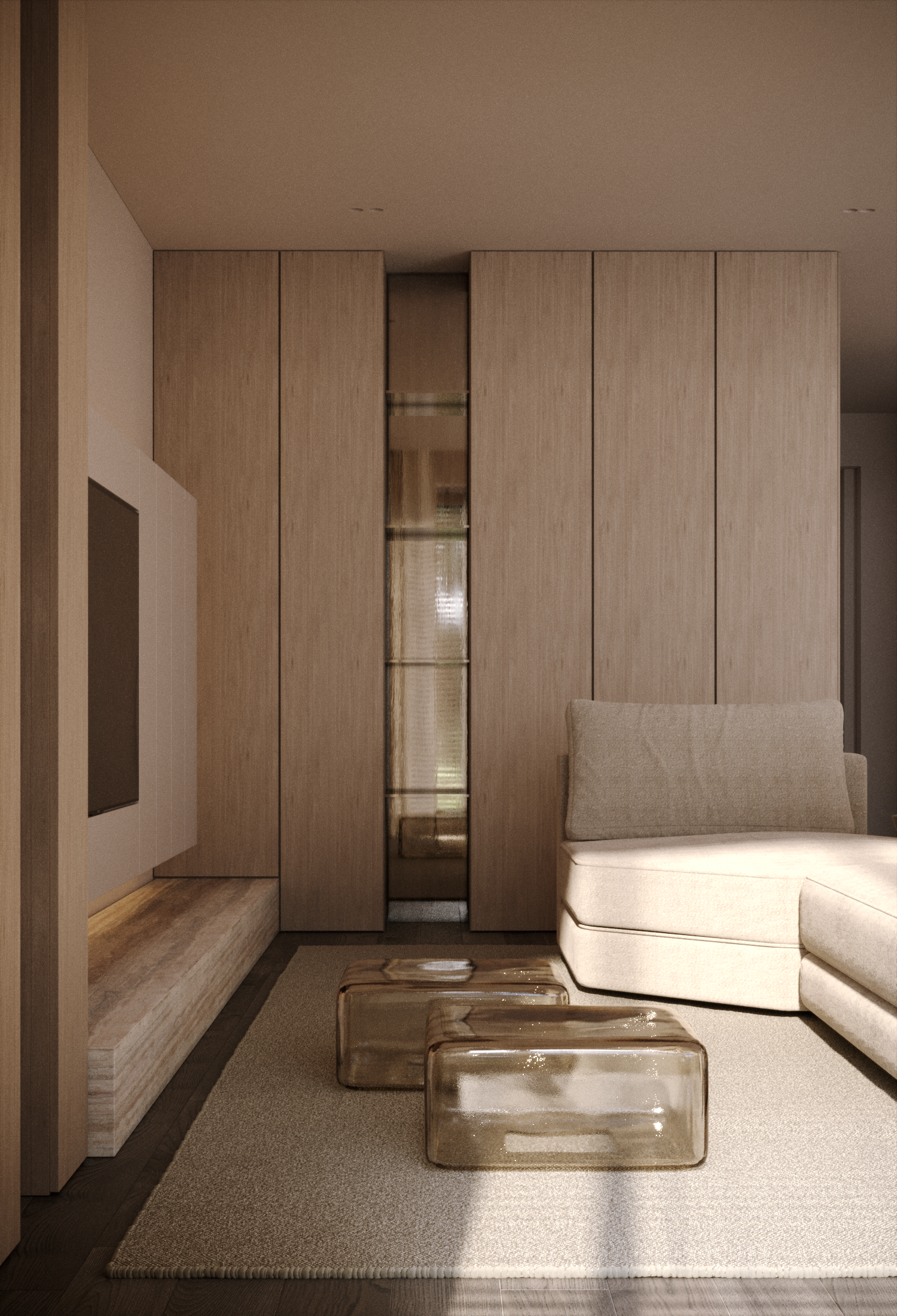 A modern living room with a beige sofa, a neutral-toned rug, and three glass coffee tables in front. The background features wooden storage cabinets and a small raised platform.