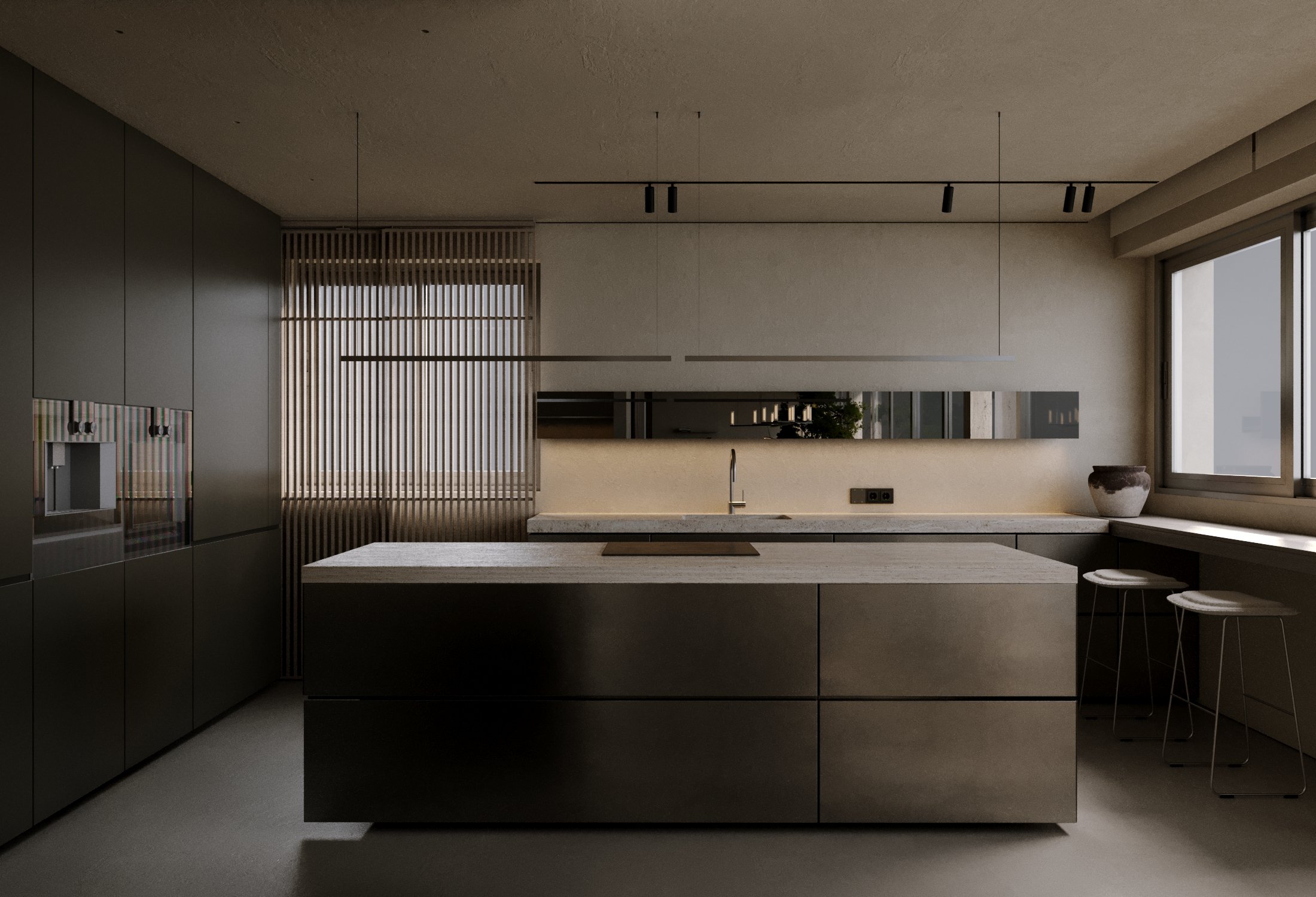 Minimalist modern kitchen with large island, black cabinets, and a window seat with stools.