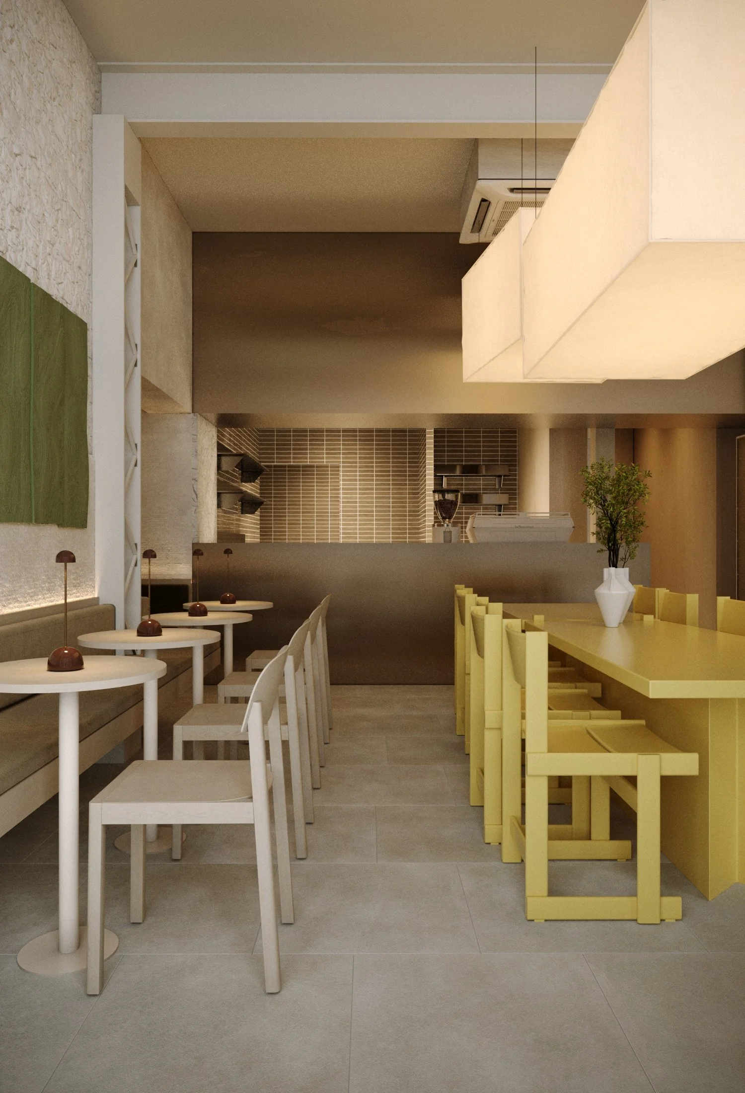 Interior of a modern cafe or restaurant with white and yellow chairs, small white tables, and a vase with a green plant on a yellow table. The background has a counter and shelving.