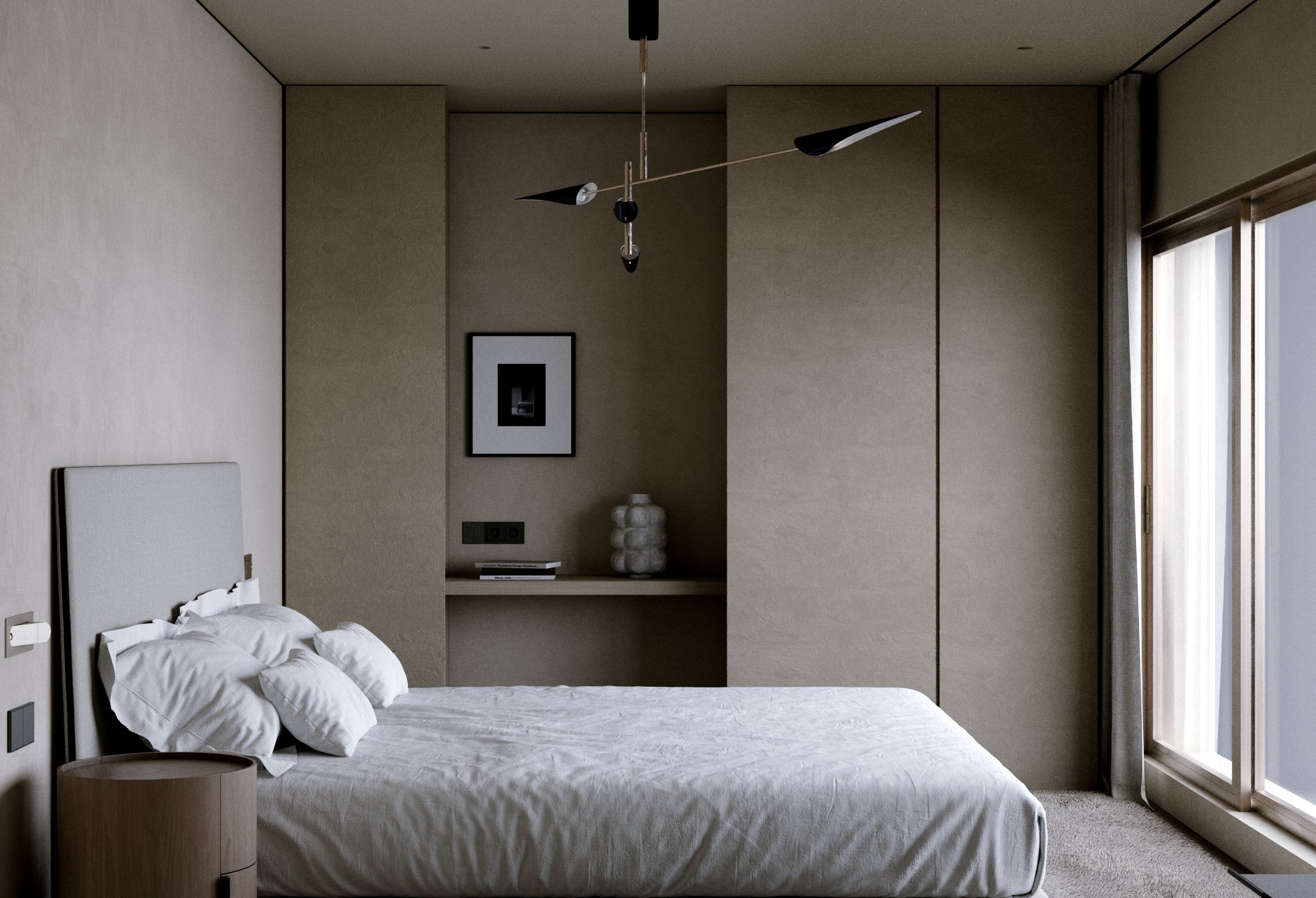 Minimalist bedroom with a white bed, beige walls, a small round bedside table, wall art, and a modern ceiling light fixture, with large windows and curtains.