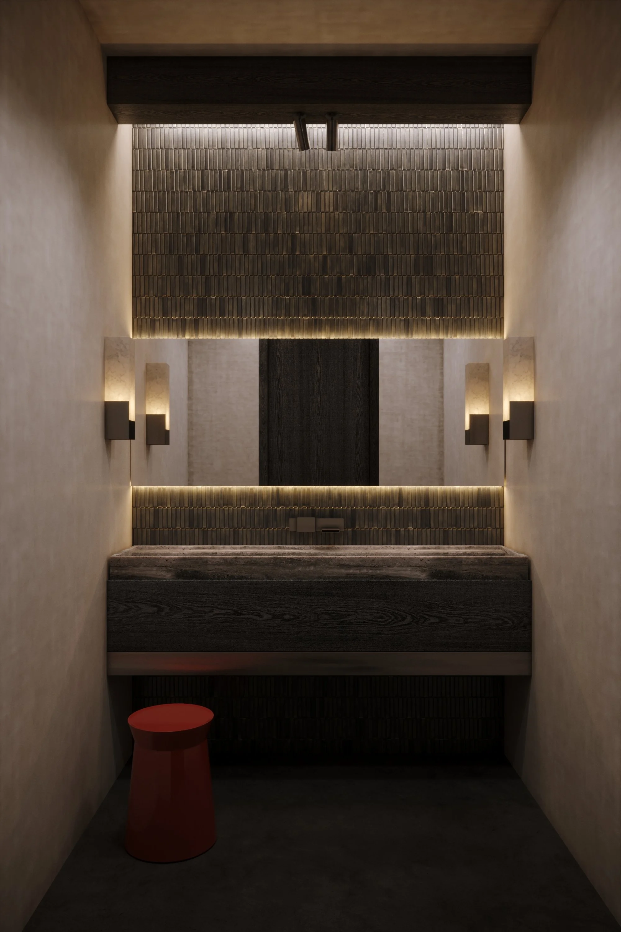 Minimalist bathroom with textured wall tiles, a large mirror, wall-mounted lights, a dark wooden vanity, and a small red stool.