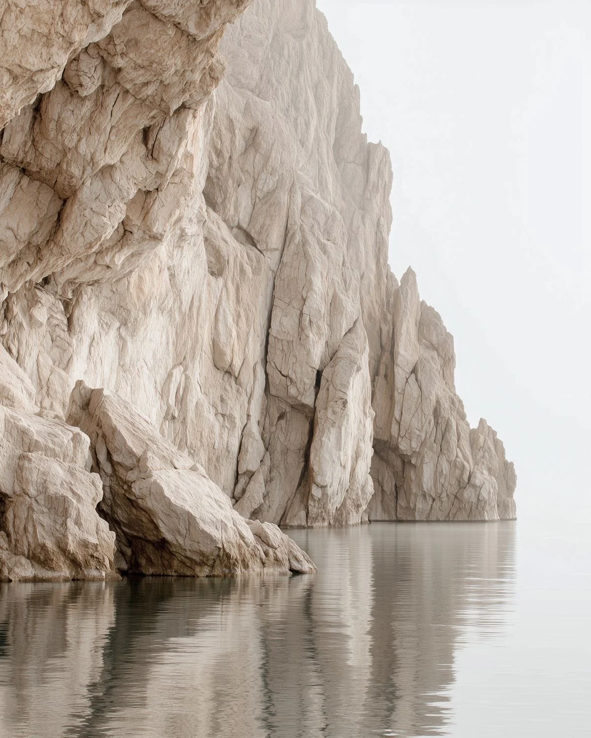 Large white and beige rocky cliffs rising from calm water, with a foggy background.