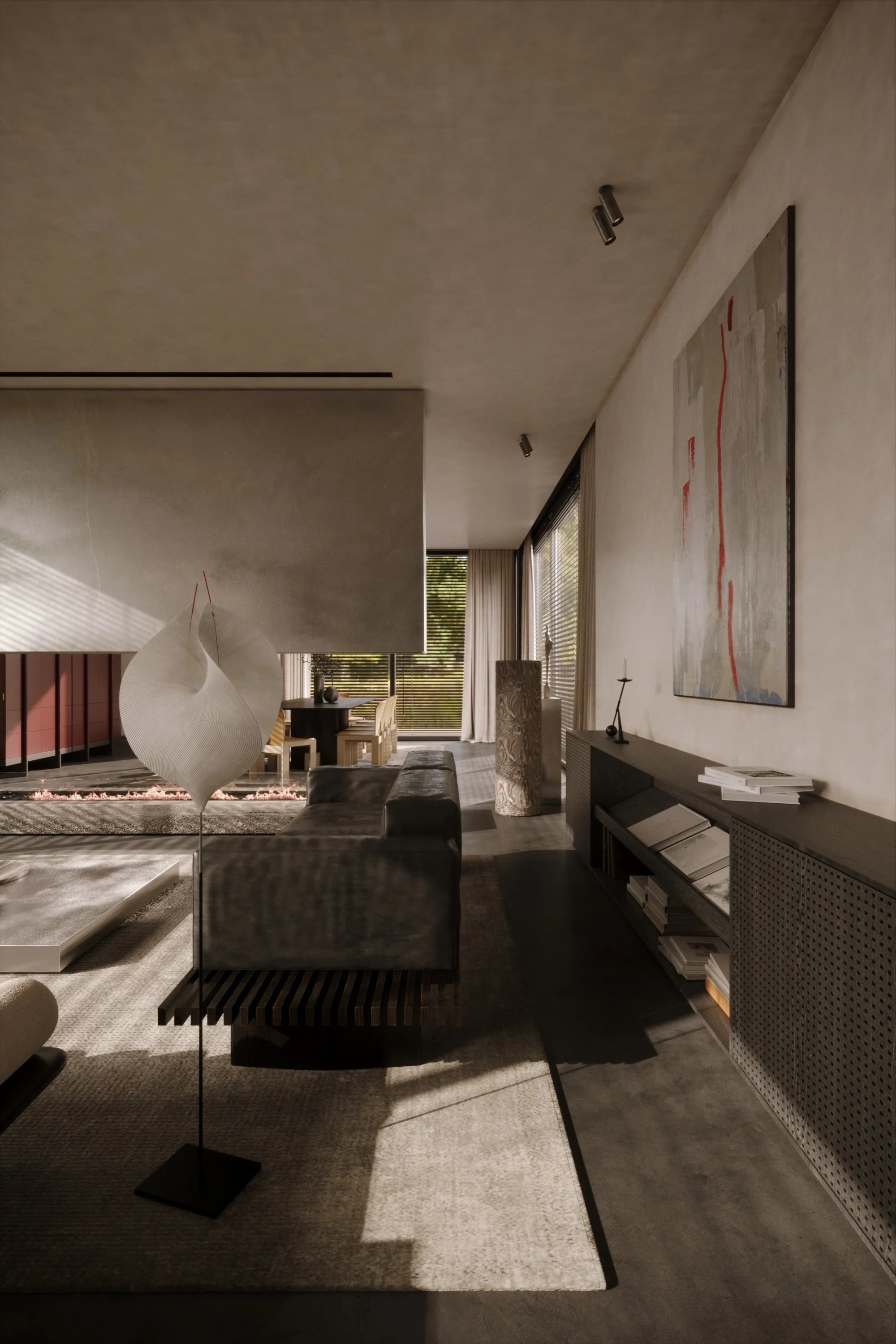 Modern living room with a dark sofa, abstract artwork on the wall, books on a shelf, a floor lamp, large windows with blinds, and minimalist decor.