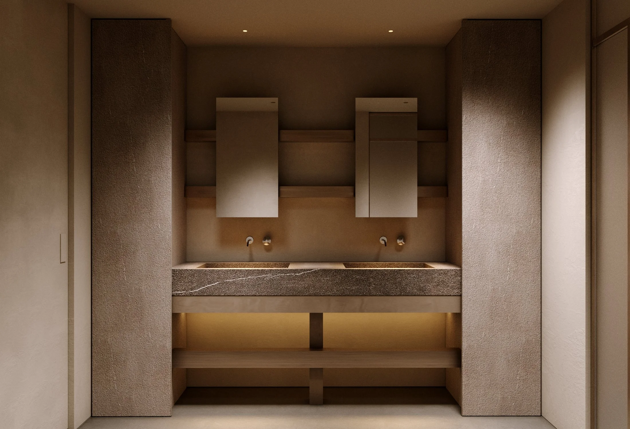 A minimalist beige bathroom vanity with a stone countertop, two sinks, and two mirrors above, illuminated by recessed lighting.