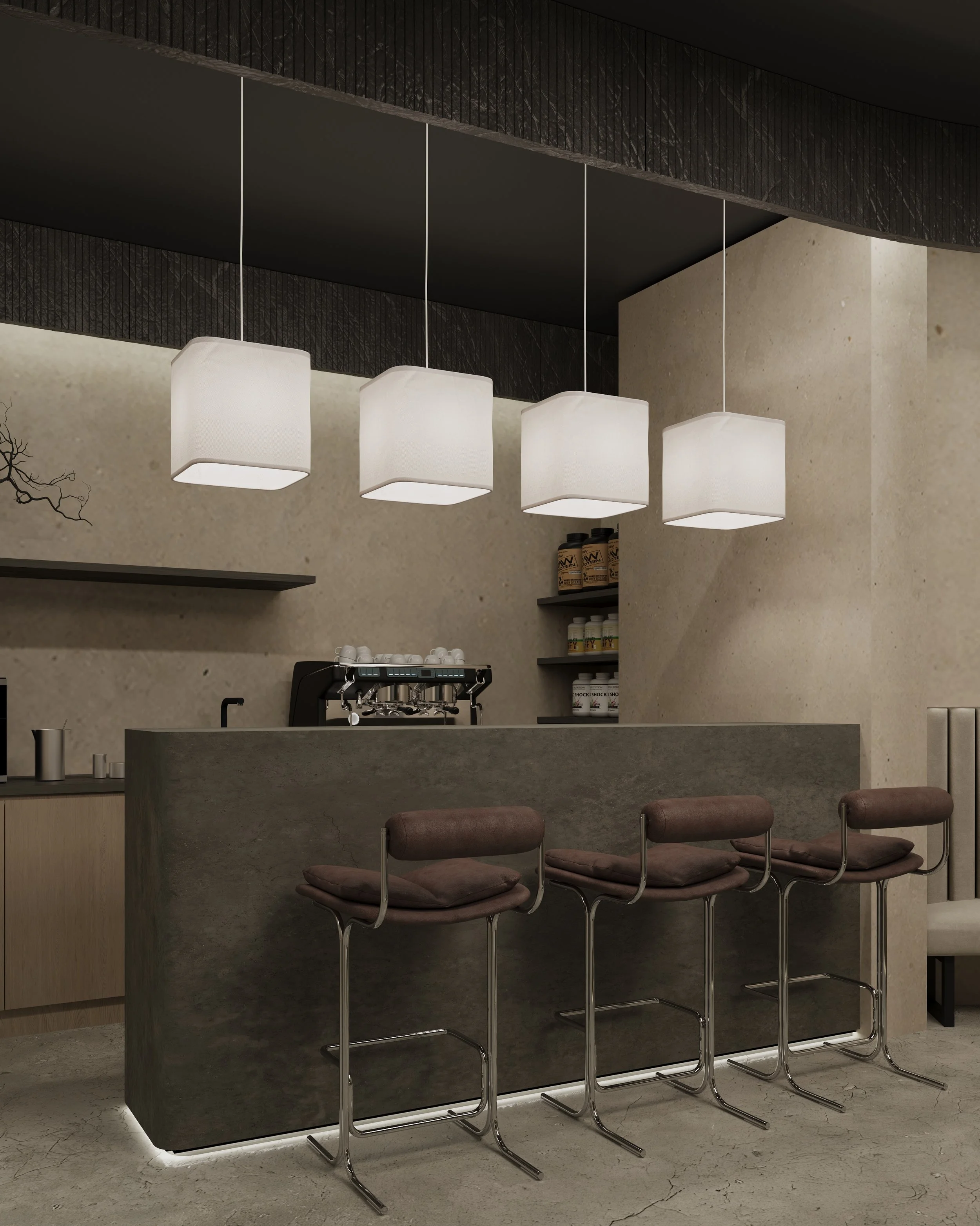 Modern coffee shop with a dark-colored bar counter, overhead pendant lights, and brown cushioned bar stools. Behind the counter, there is a coffee machine and shelves with coffee supplies, on a textured beige wall.