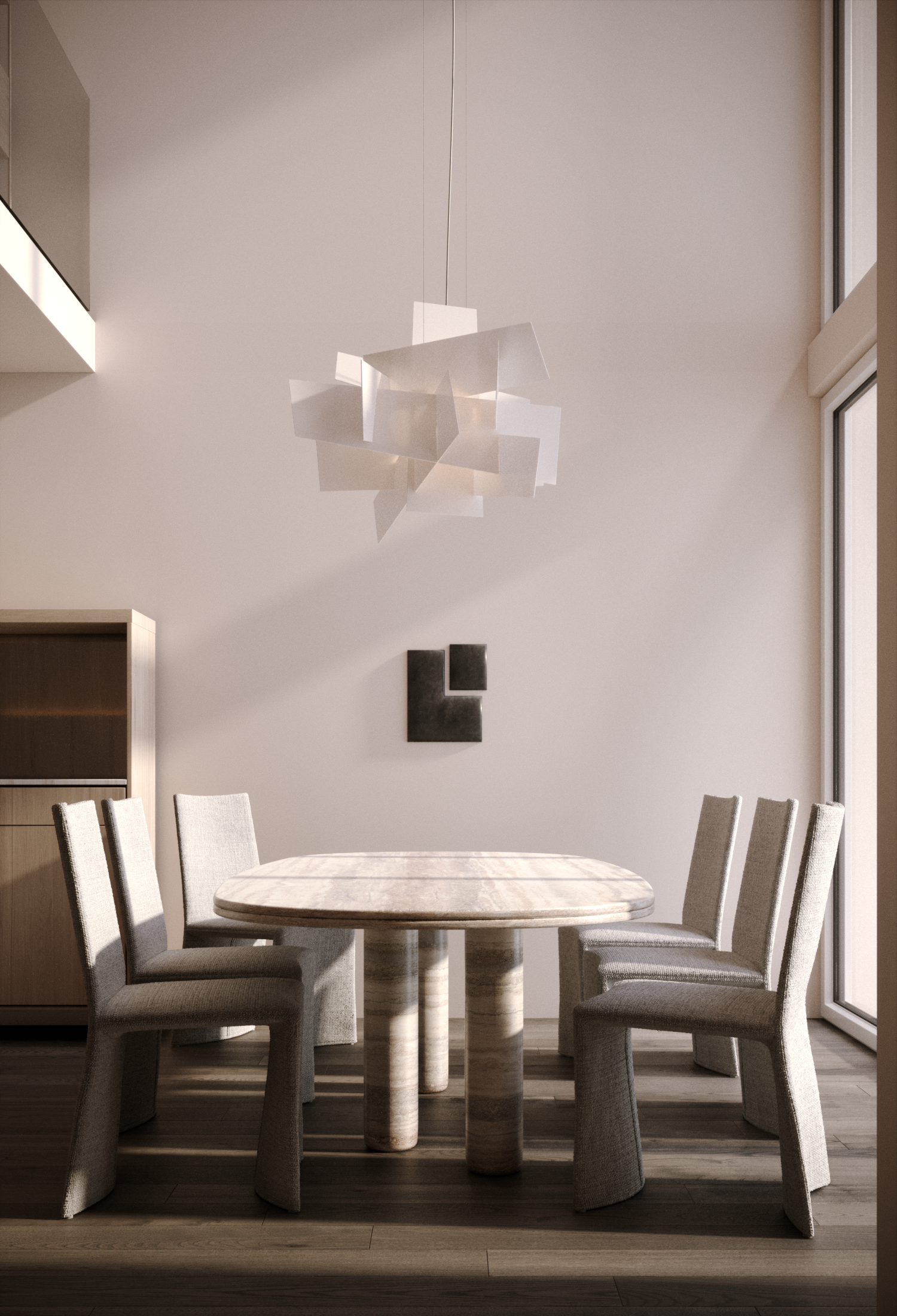 A modern dining room with a round marble table, six upholstered chairs, a contemporary chandelier, a wall sculpture, and large windows letting in natural light.