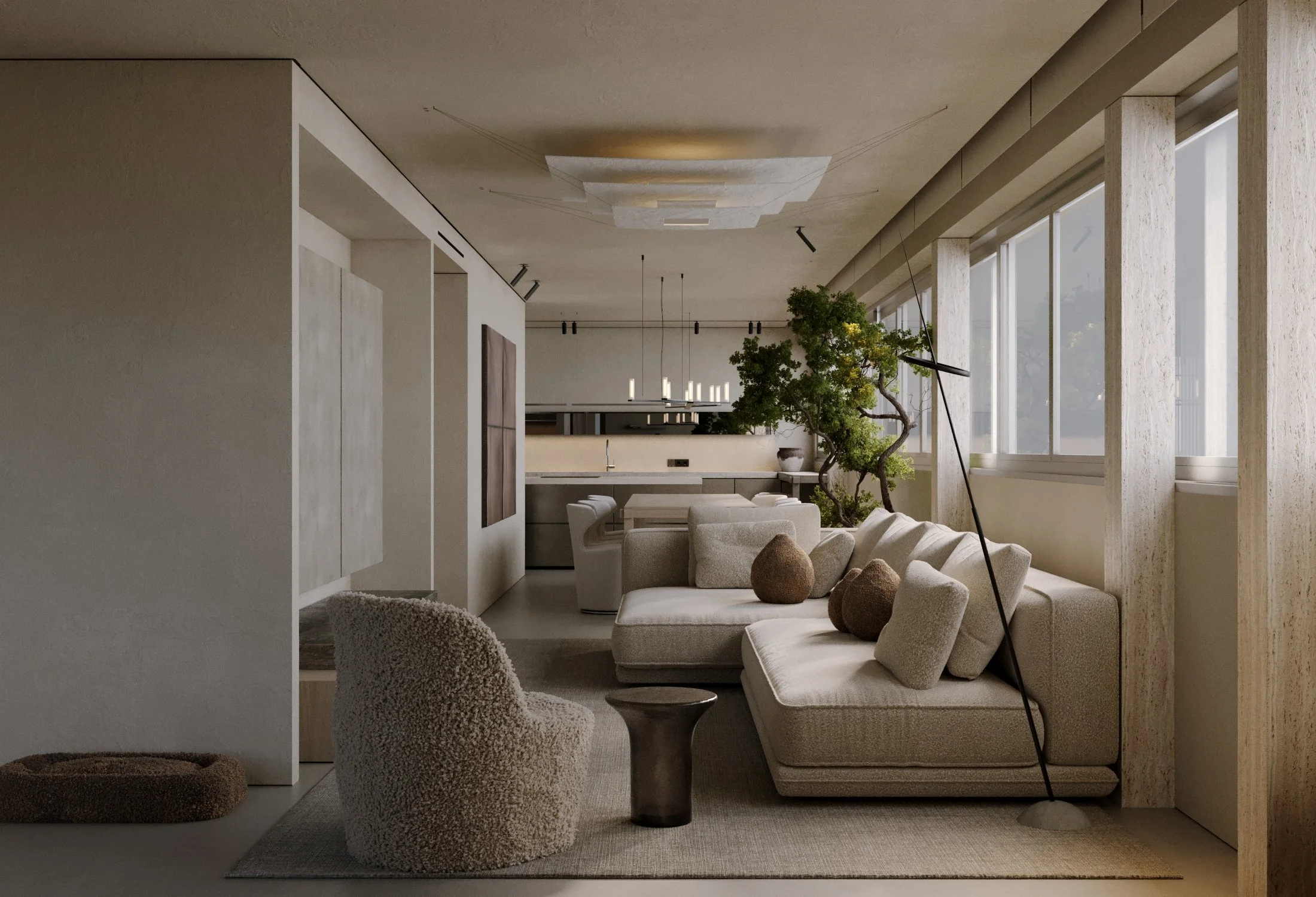 Modern living room with beige sectional sofa, textured armchair, and floor lamp, with large windows and indoor plant.