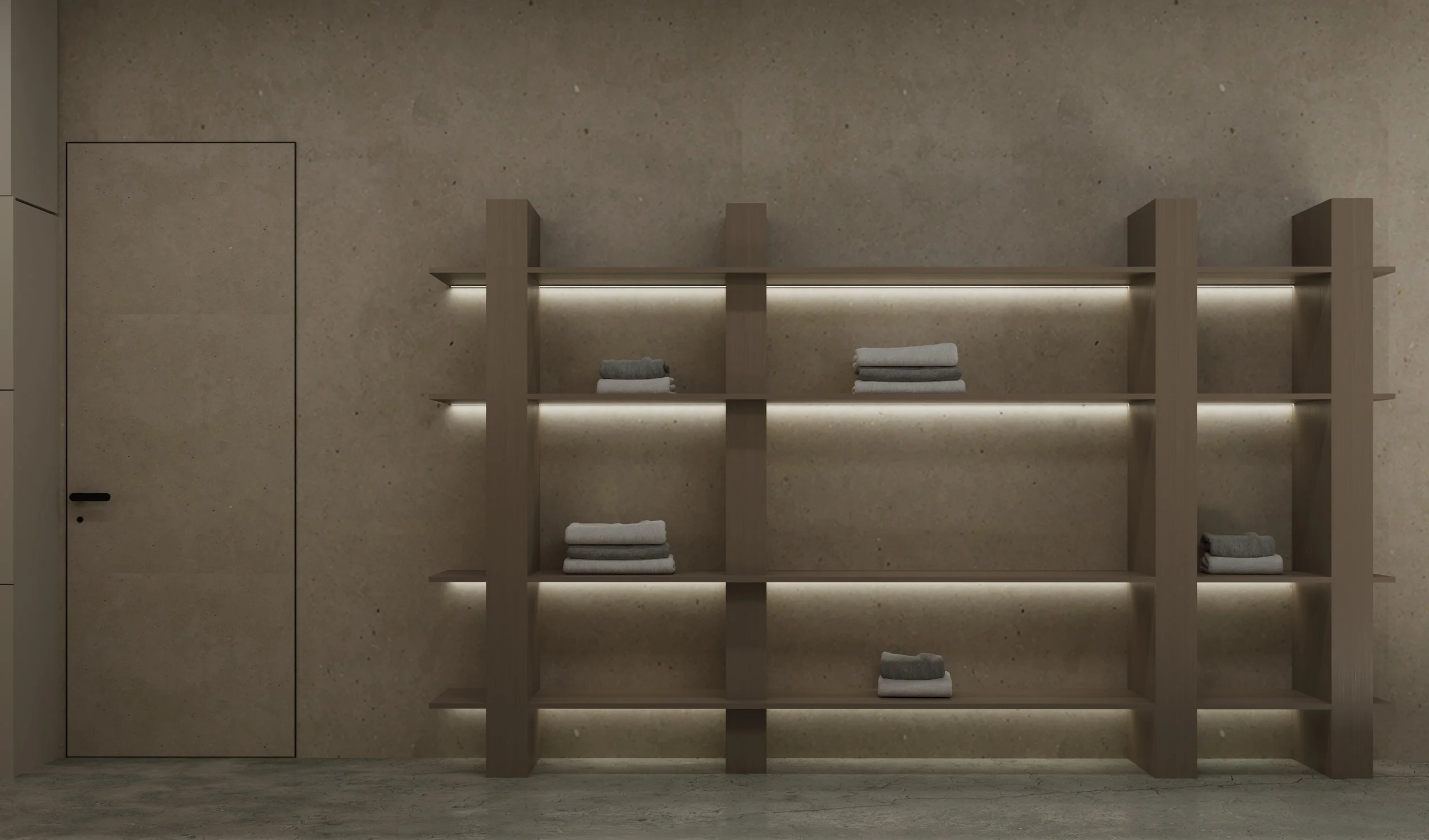 Modern minimalist wooden shelf with clean lines and integrated lighting, holding neatly folded towels, against a beige stone wall.