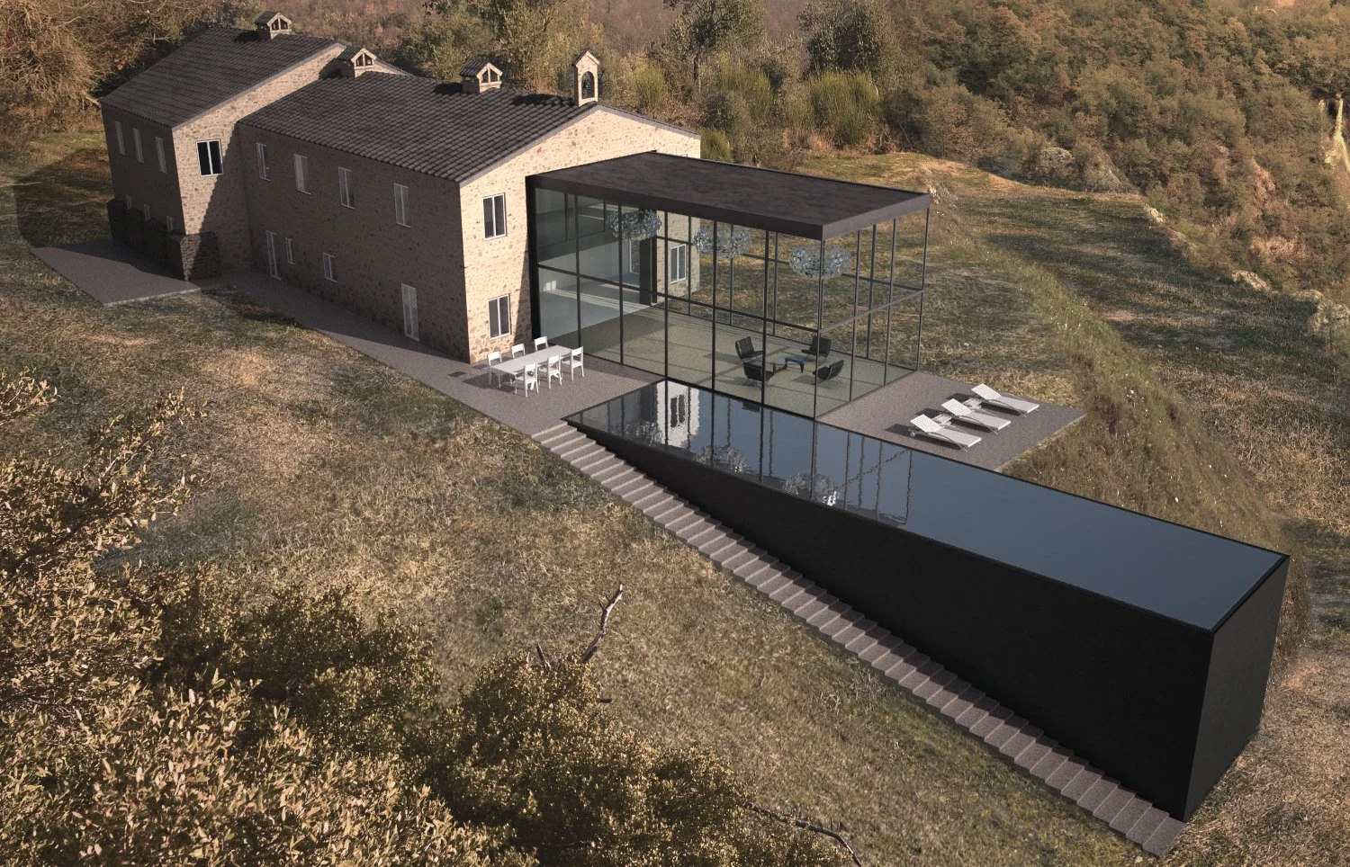 A modern house with stone facade and a large glass extension, situated on a hillside with outdoor patio, pool, and lounge chairs.