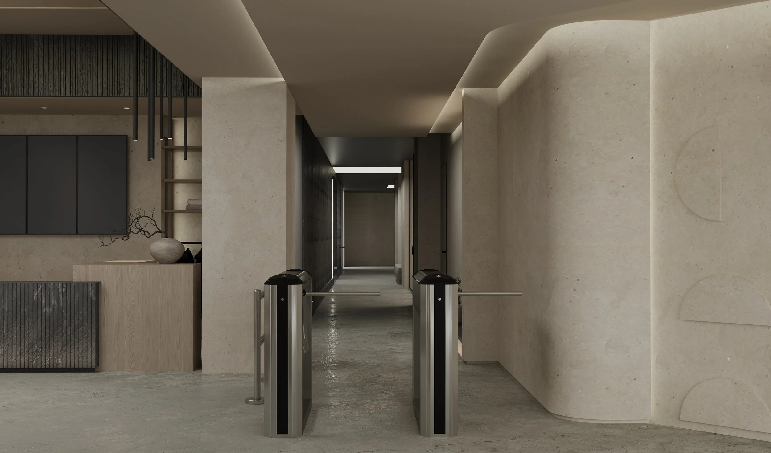A modern, minimalist interior with a hallway featuring beige textured walls, black doors, and a gray ceiling. In the foreground, there are two security turnstiles with black and silver design, leading into the hallway. Decor elements include a small plant and a shelf with towels on the left side.