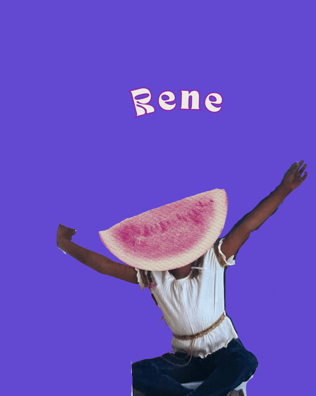 Young kid sitting with arms stretched out in a white shirt with a pink watermelon over their face. The Blooming. Astrology. NYC.