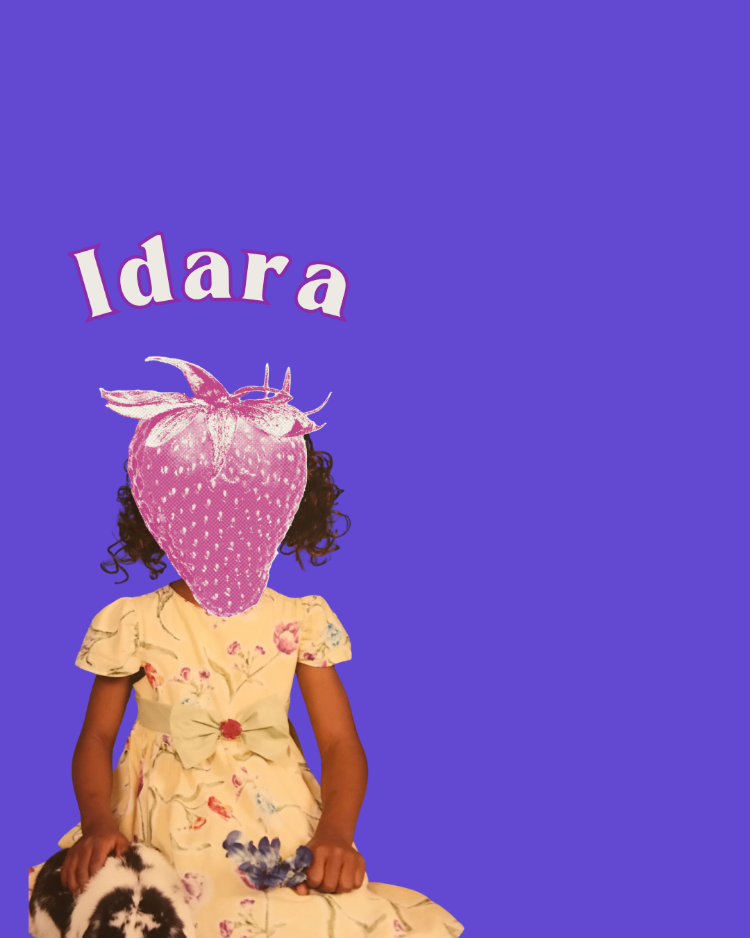 young girl in a yellow dress sitting with rabbit. There is a pink strawberry over their face. The Blooming. Astrology. NYC.