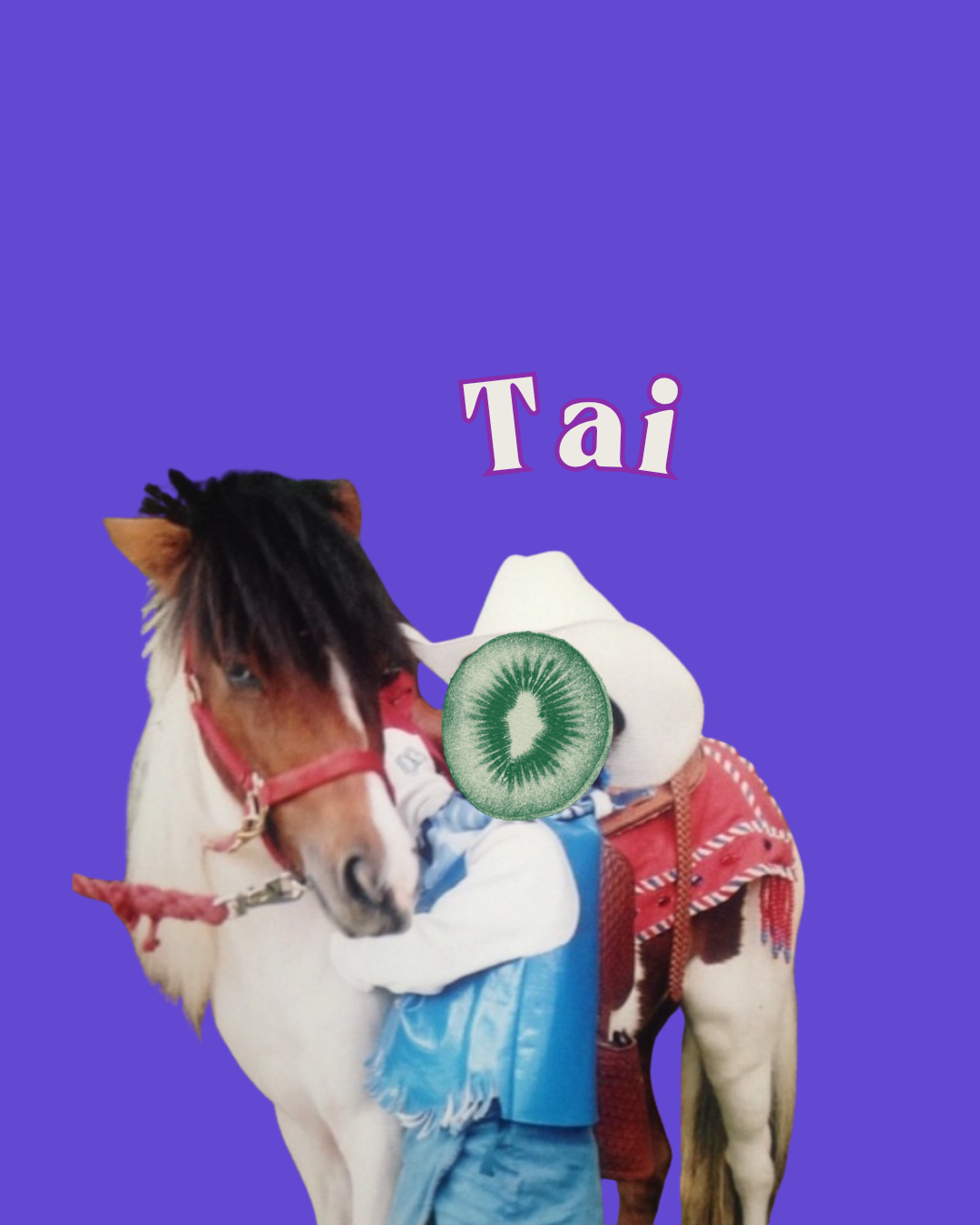 Young girl in denim jacket and white hat standing next to a white and brown pony. There is a green kiwi over her face. The Blooming. Astrology. NYC..