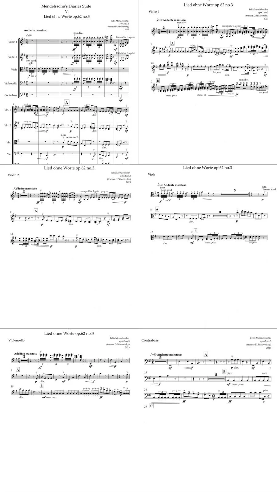 Felix Mendelssohn: “Letters in Music” Cycle. Song op.62 no.3 e-moll (Full Score+All parts)