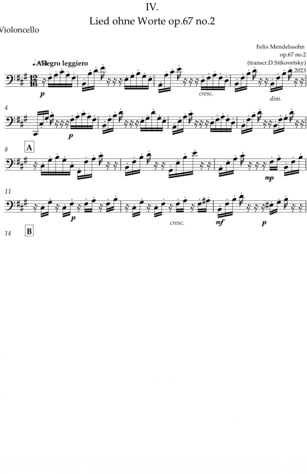 Felix Mendelssohn: “Letters in Music” Cycle.  Song op.67 no.2 fis-moll (Violoncello part)