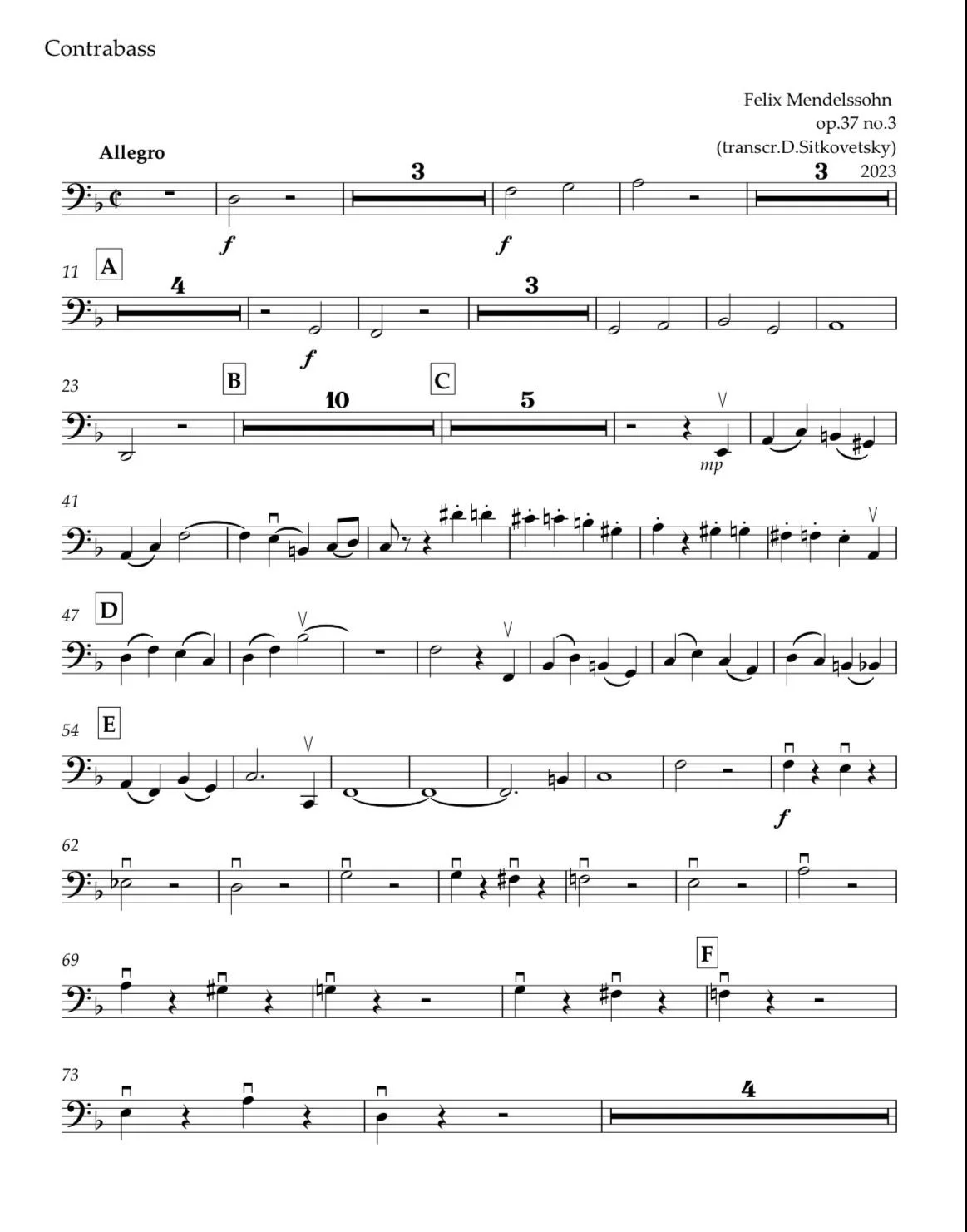 Felix Mendelssohn: “Letters in Music” Cycle. Prelude d-moll.  op.37 no.3 - (Contrabass)