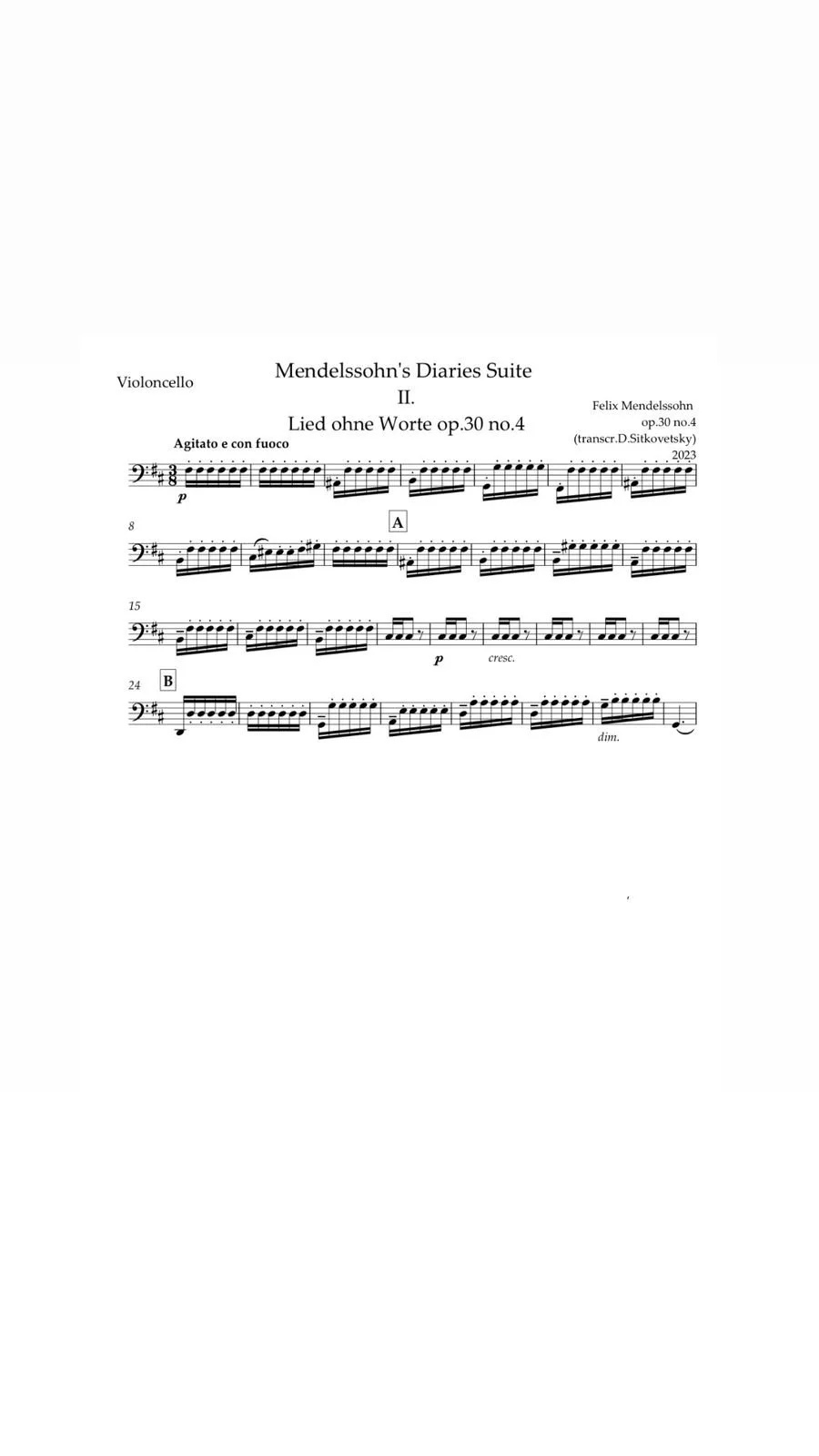 Felix Mendelssohn: “Letters in Music” Cycle. Song op.30 no.4 h-moll - (Violoncello part)