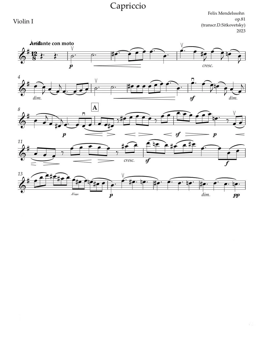 Felix Mendelssohn: “Letters in Music” Cycle. Capriccio & Fuga op.81 e-moll (Violin 1 part)