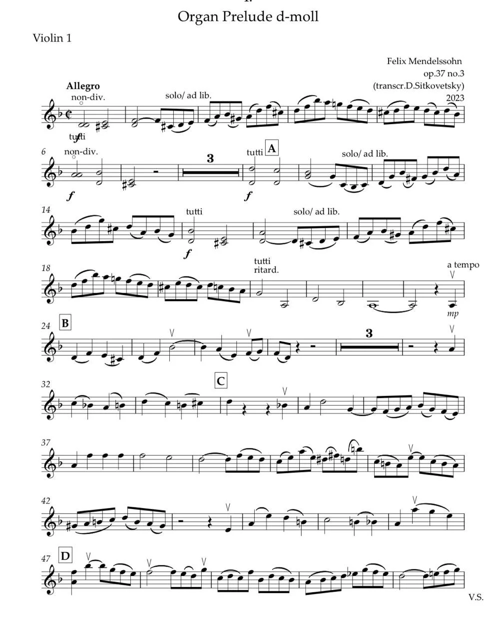 Felix Mendelssohn: “Letters in Music” Cycle. Prelude d-moll.  op.37 no.3 - (Violin 1)