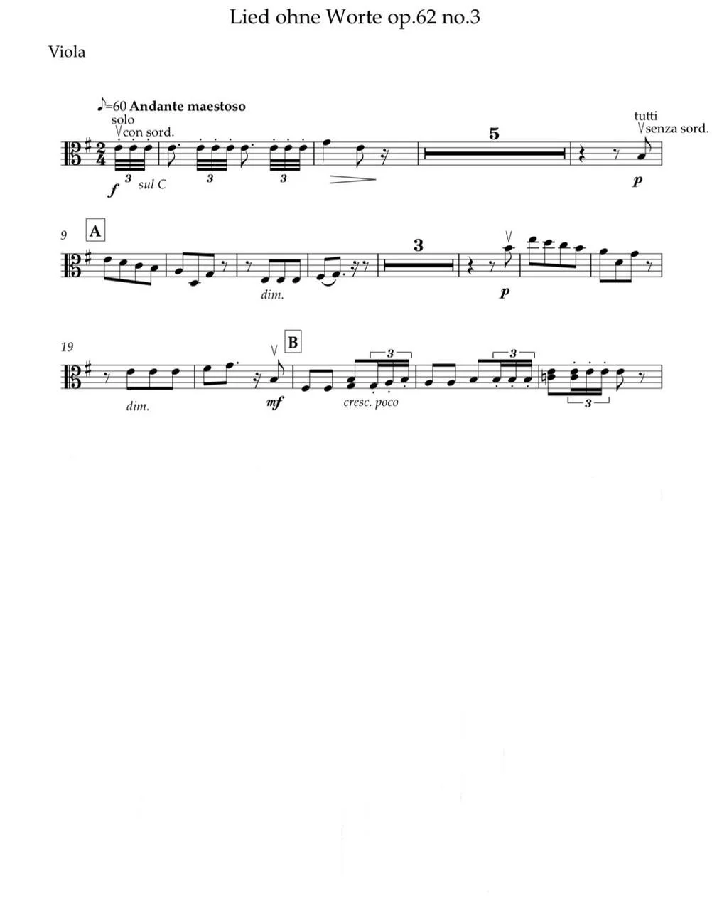 Felix Mendelssohn: “Letters in Music” Cycle. Song op.62 no.3 e-moll  (Viola part)