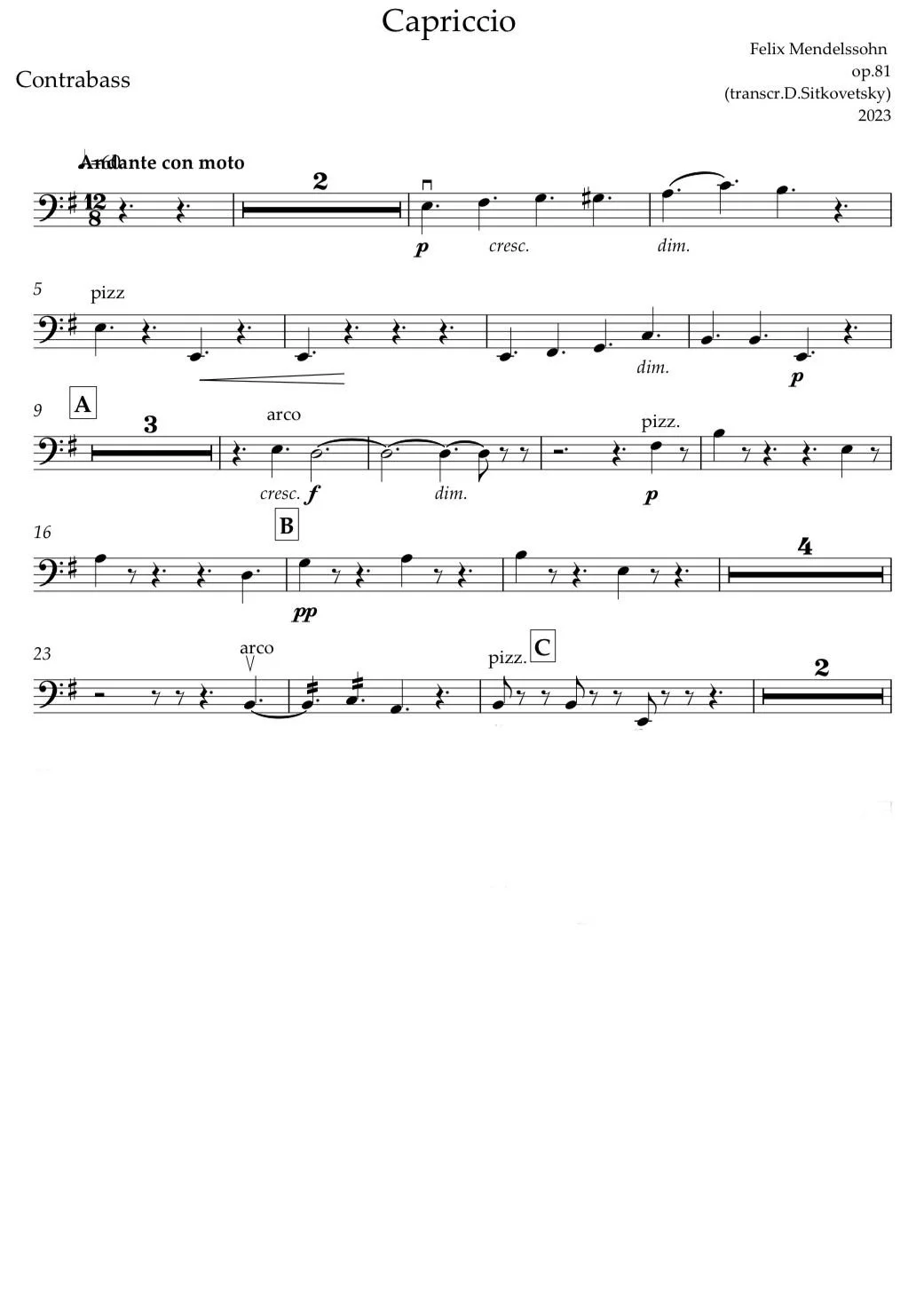 Felix Mendelssohn: “Letters in Music” Cycle. Capriccio & Fuga op.81 e-moll (Contrabass part)