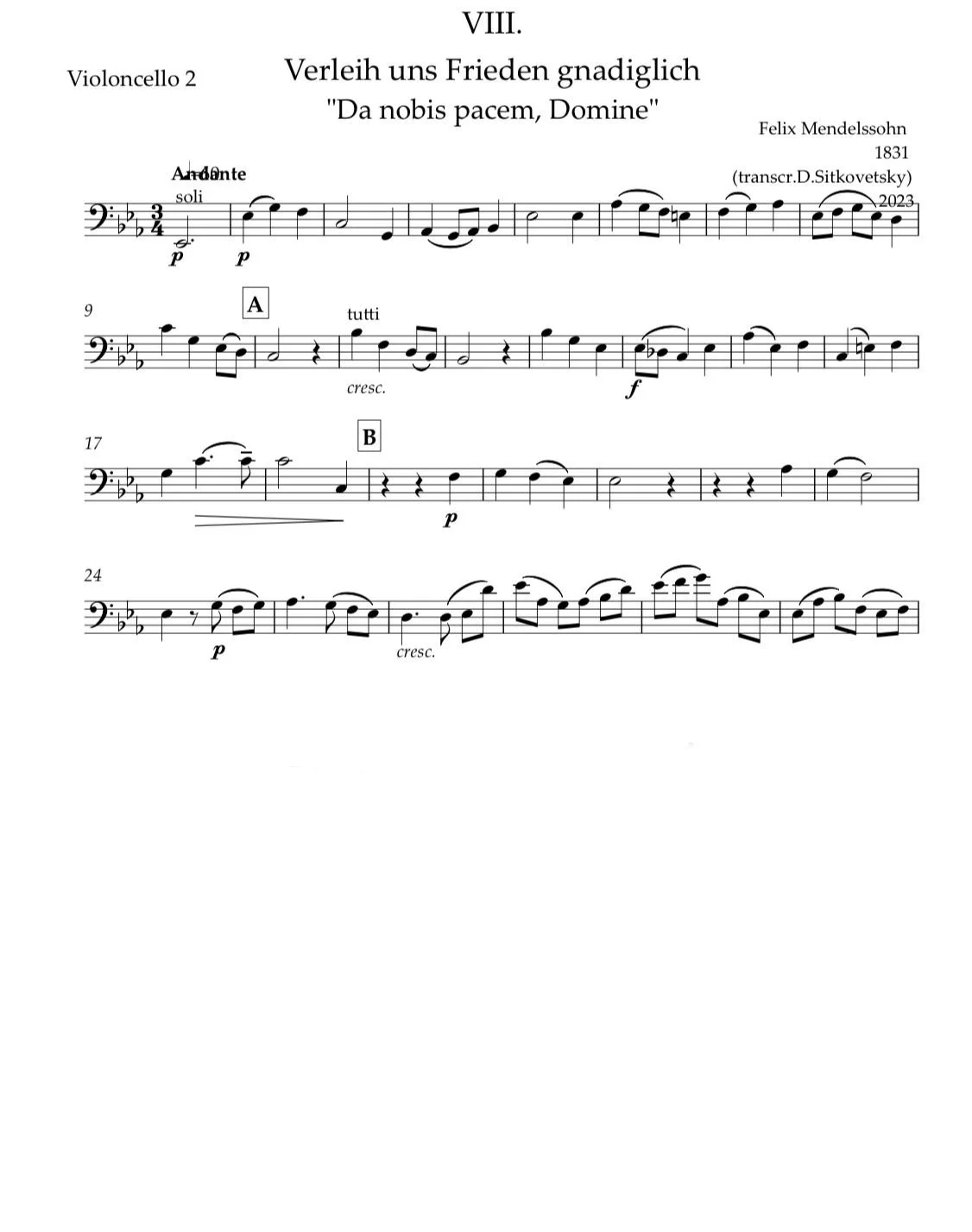 Felix Mendelssohn: “Letters in Music” Cycle.  Choral 1831 Es-dur (  Violoncello 2 part)