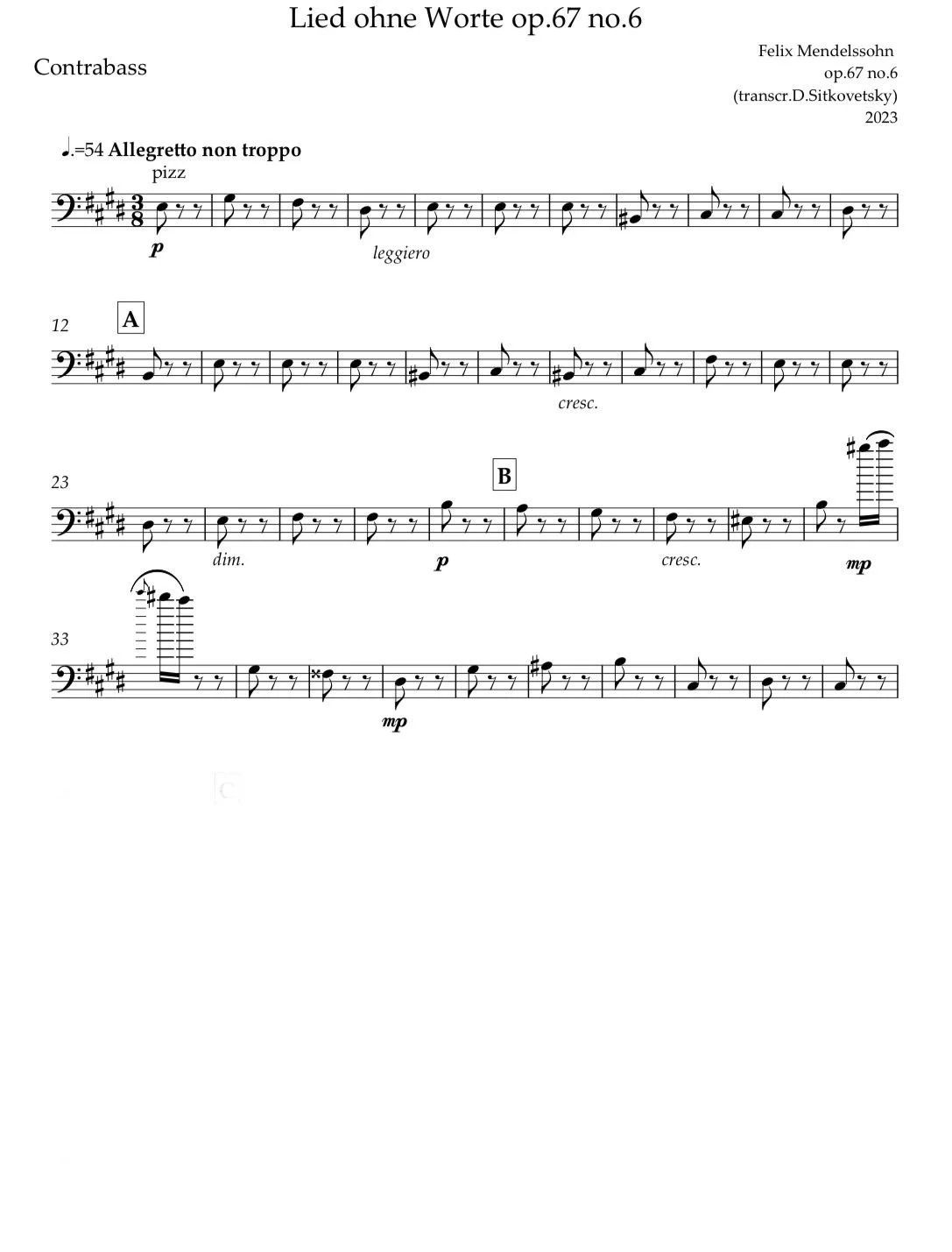 Felix Mendelssohn: “Letters in Music” Cycle. Song op.67 no.6 E-dur (2 solo violin parts-Concertmaster & Principal 2nd violin) (Contrabass part)
