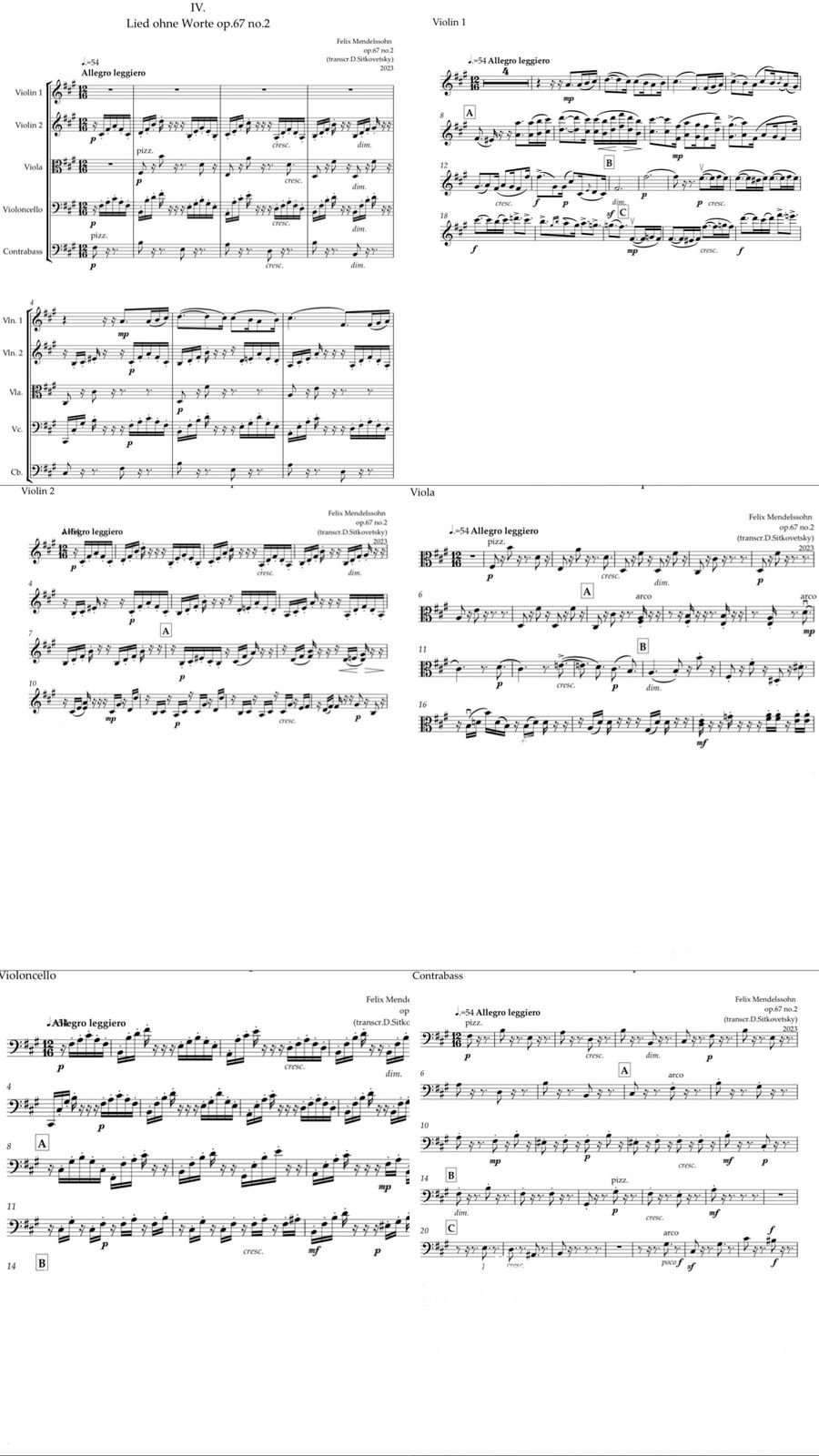 Felix Mendelssohn: “Letters in Music” Cycle.  Song op.67 no.2 fis-moll (Full Score+ All parts)
