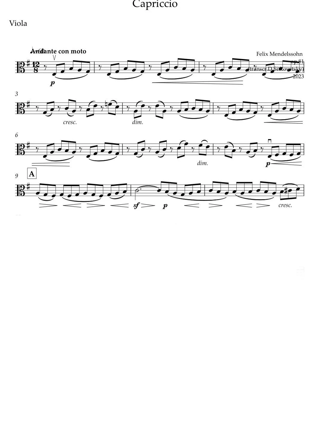 Felix Mendelssohn: “Letters in Music” Cycle. Capriccio & Fuga op.81 e-moll (Viola part)