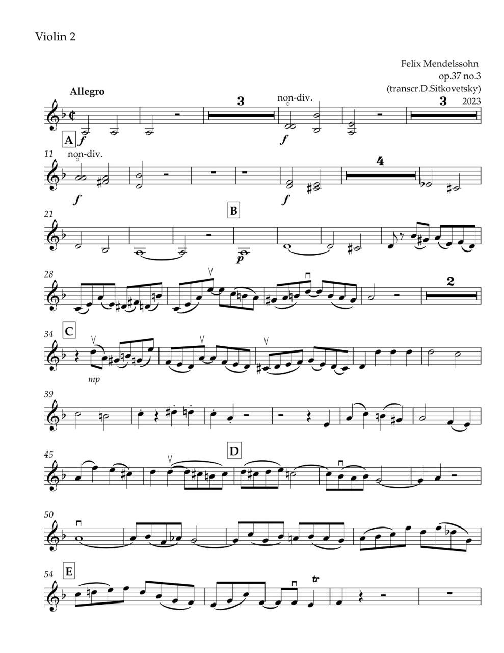 Felix Mendelssohn: “Letters in Music” Cycle. Prelude d-moll.  op.37 no.3 - (Violin 2)