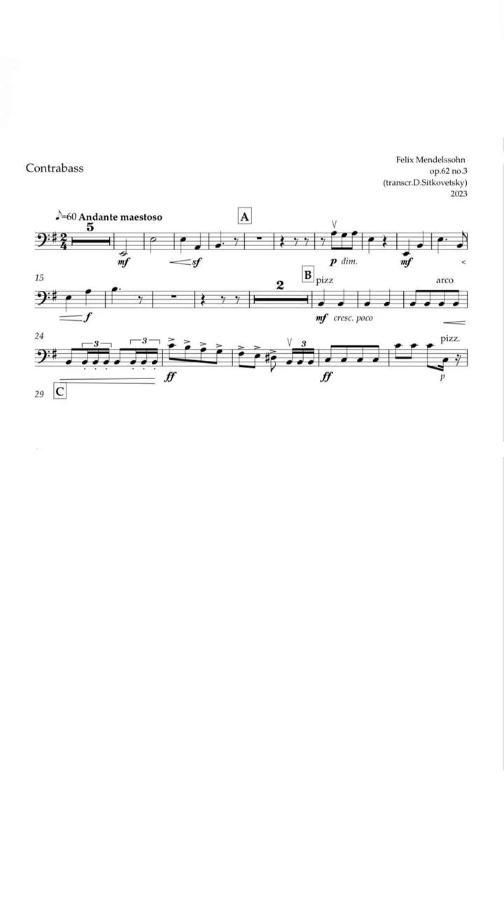 Felix Mendelssohn: “Letters in Music” Cycle. Song op.62 no.3 e-moll (Contrabass part)